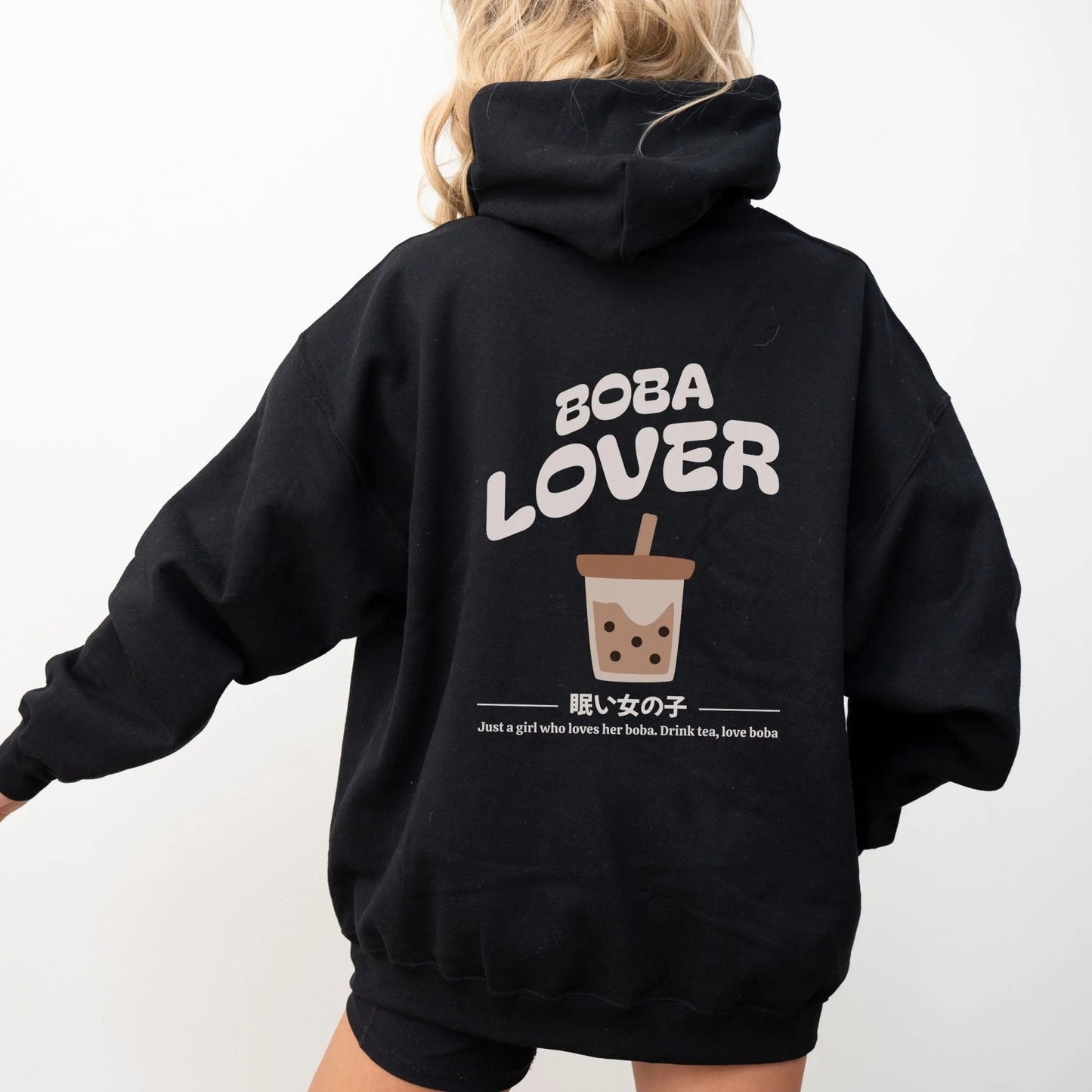 Back of hoodie featuring a cute “Boba Lover” design with milk tea and tapioca illustration — perfect for bubble tea lovers and cozy kawaii hoodie vibes.