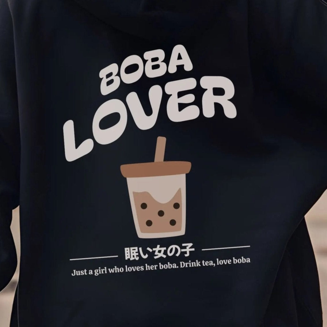 Back of hoodie featuring a cute “Boba Lover” design with milk tea and tapioca illustration — perfect for bubble tea lovers and cozy kawaii hoodie vibes.