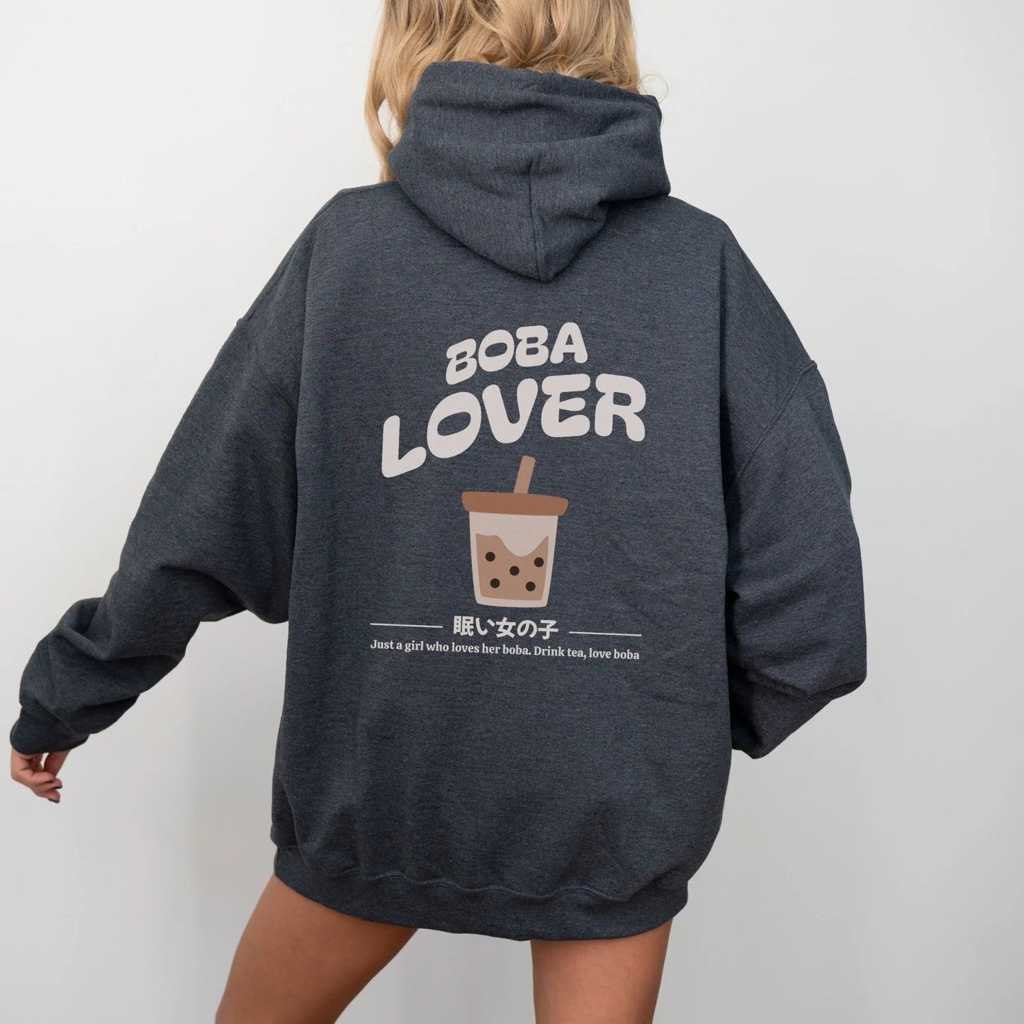 Back of hoodie featuring a cute “Boba Lover” design with milk tea and tapioca illustration — perfect for bubble tea lovers and cozy kawaii hoodie vibes.