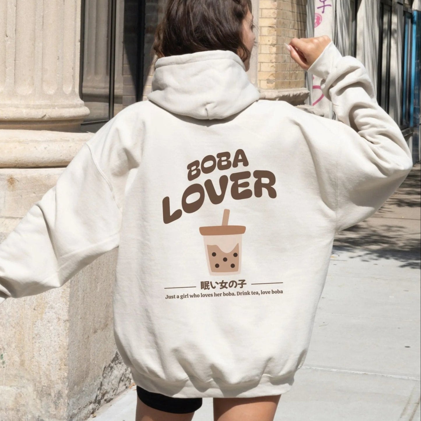 Back of hoodie featuring a cute “Boba Lover” design with milk tea and tapioca illustration — perfect for bubble tea lovers and cozy kawaii hoodie vibes.