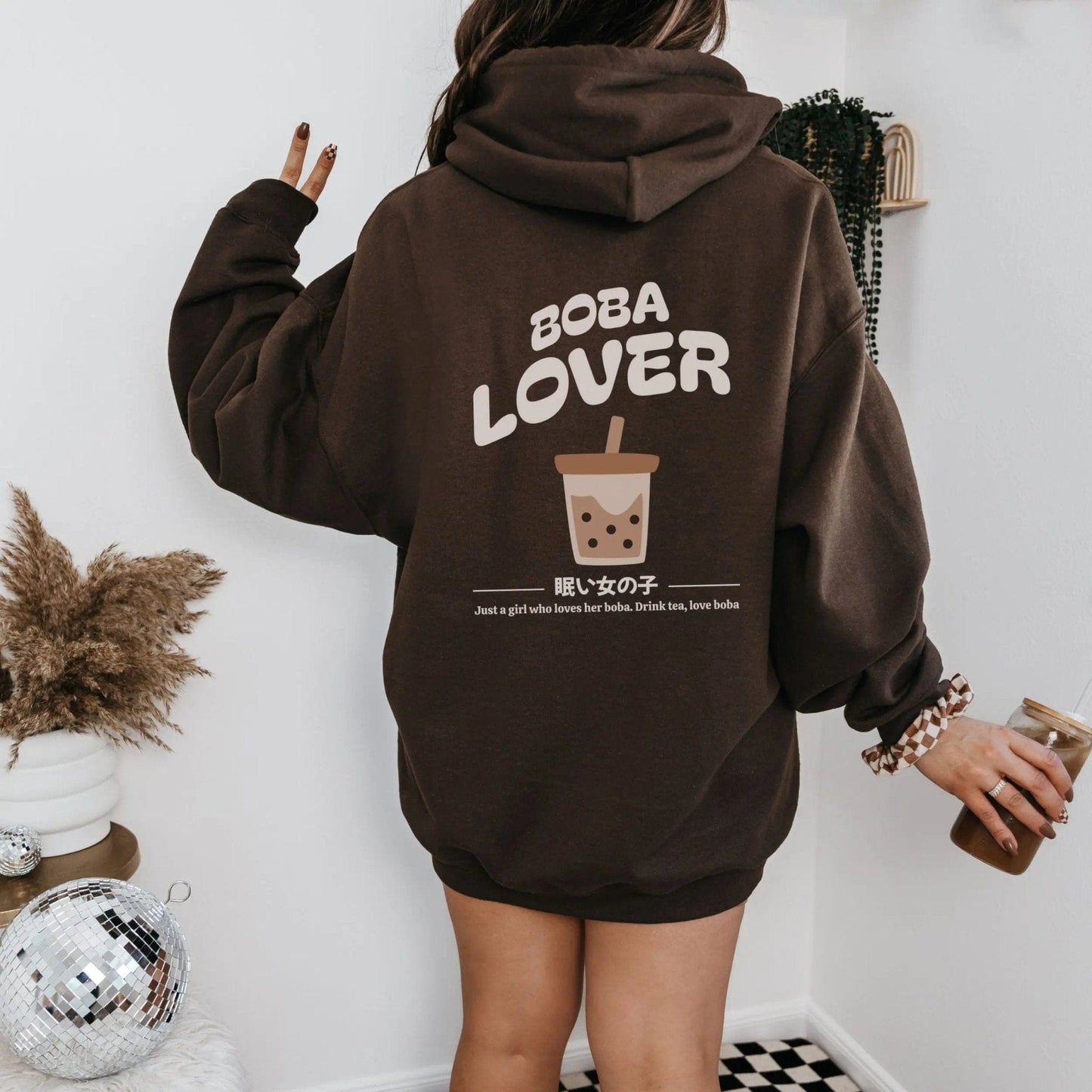 Back of hoodie featuring a cute “Boba Lover” design with milk tea and tapioca illustration — perfect for bubble tea lovers and cozy kawaii hoodie vibes.
