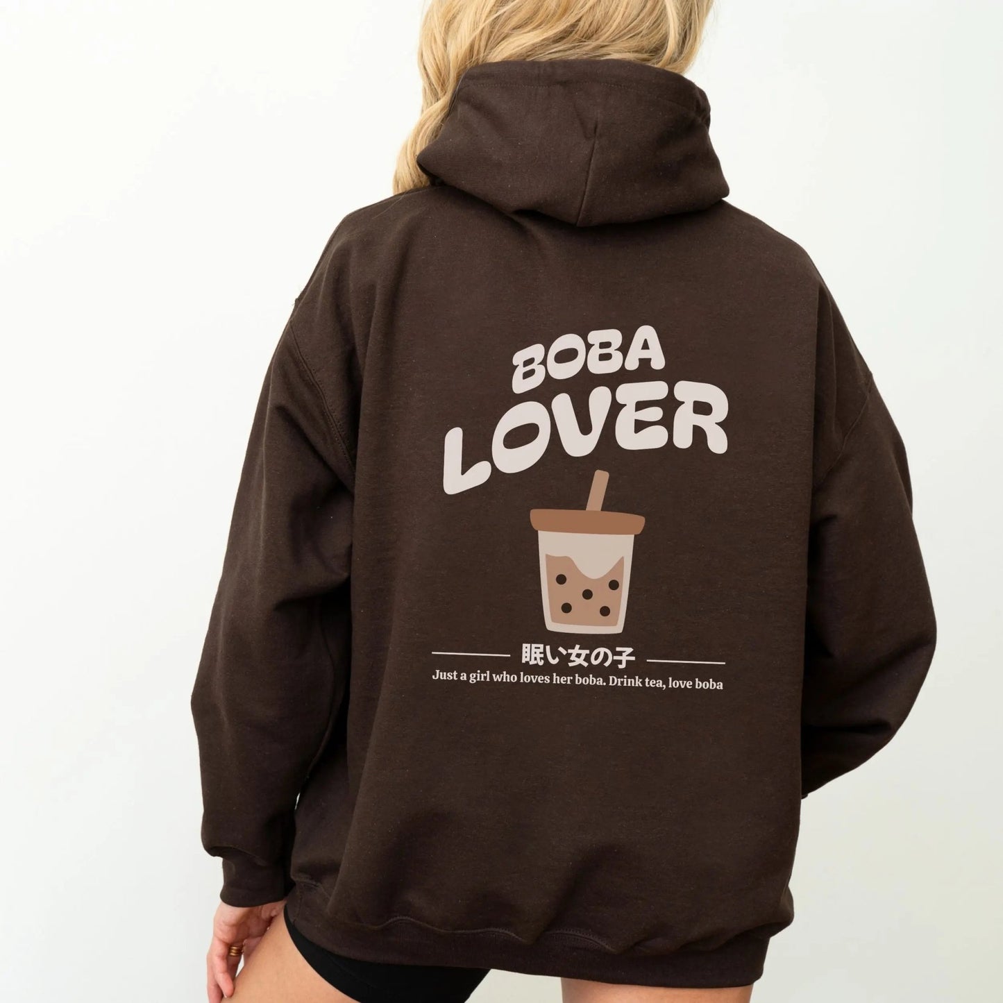 Back of hoodie featuring a cute “Boba Lover” design with milk tea and tapioca illustration — perfect for bubble tea lovers and cozy kawaii hoodie vibes.