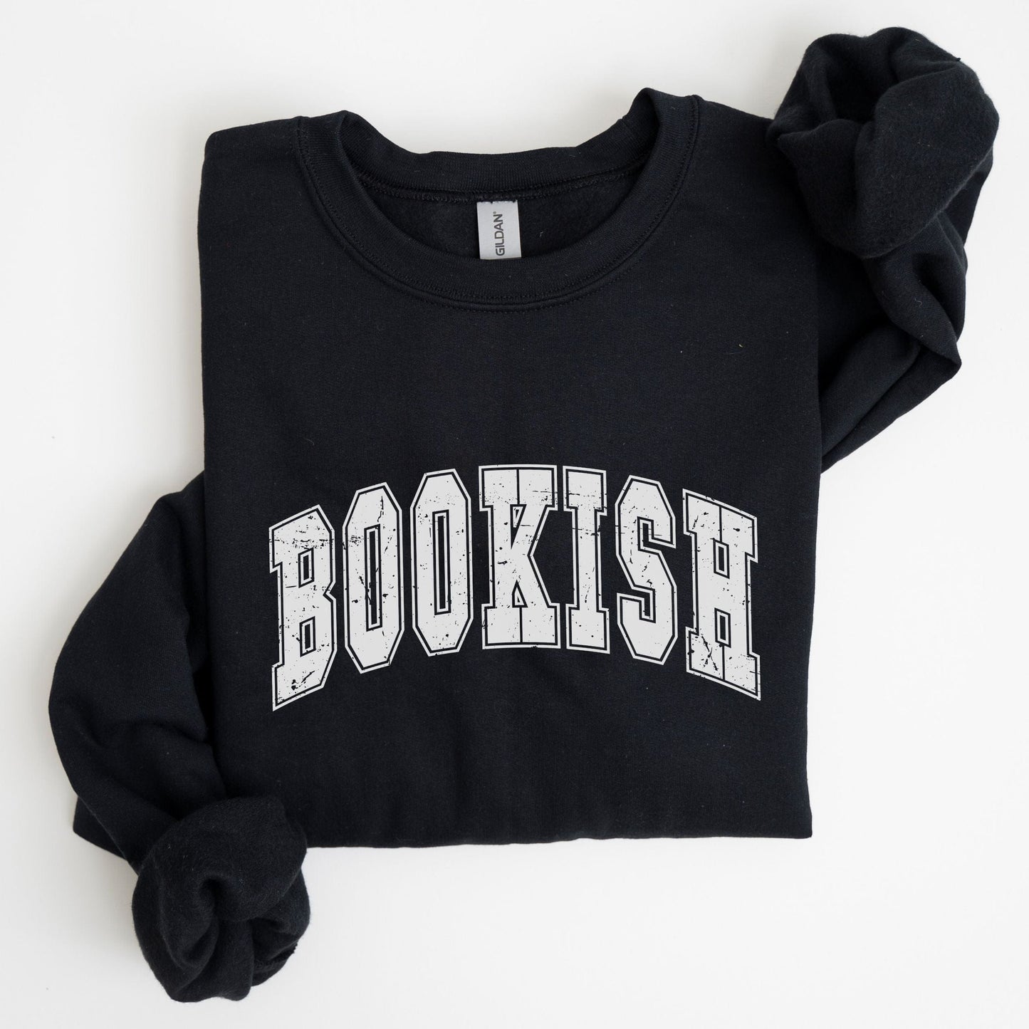 “Bookish” sweatshirt with bold varsity-style text — clean, cozy crewneck for proud readers and literary lovers.