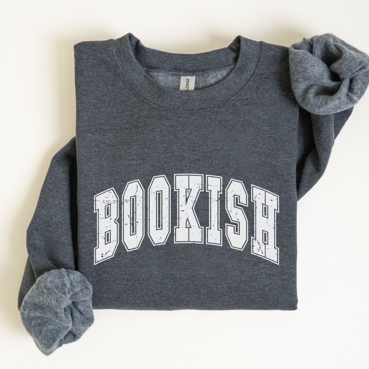“Bookish” sweatshirt with bold varsity-style text — clean, cozy crewneck for proud readers and literary lovers.