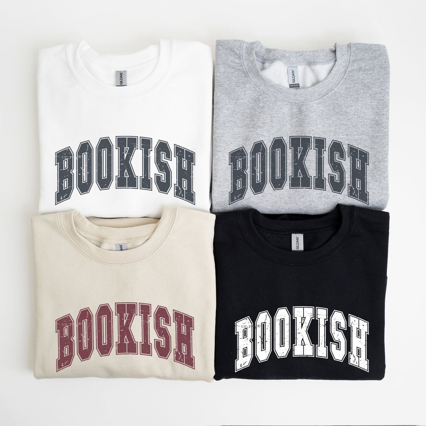 “Bookish” sweatshirt with bold varsity-style text — clean, cozy crewneck for proud readers and literary lovers.