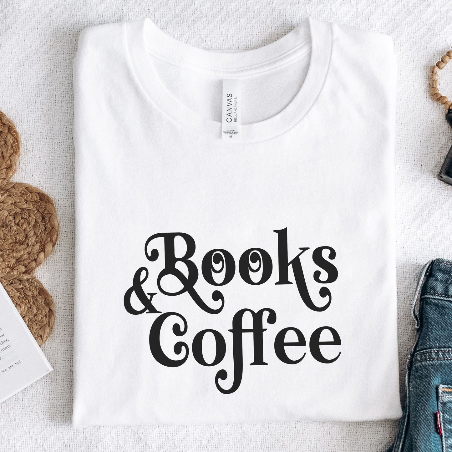 “Books & Coffee” t-shirt in bold minimalist lettering, perfect for readers and coffee lovers.