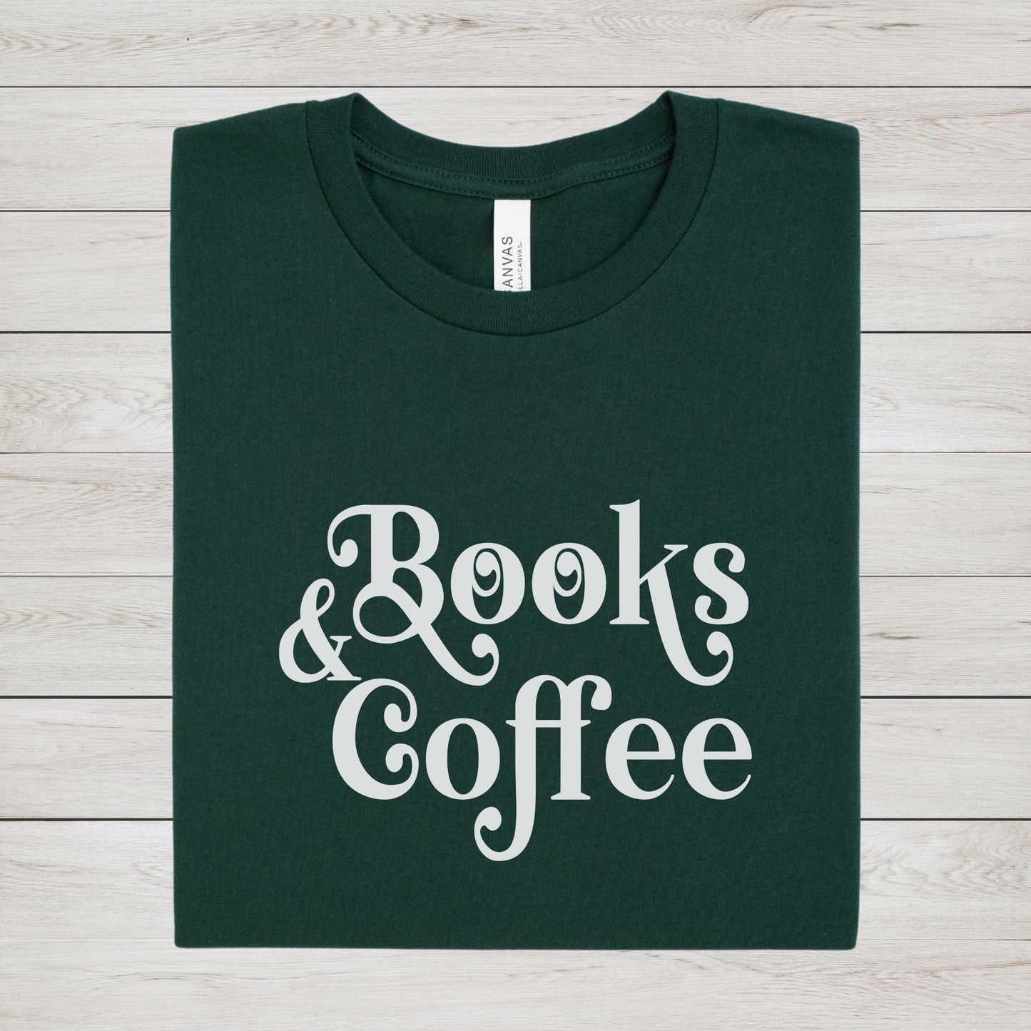 “Books & Coffee” t-shirt in bold minimalist lettering, perfect for readers and coffee lovers.