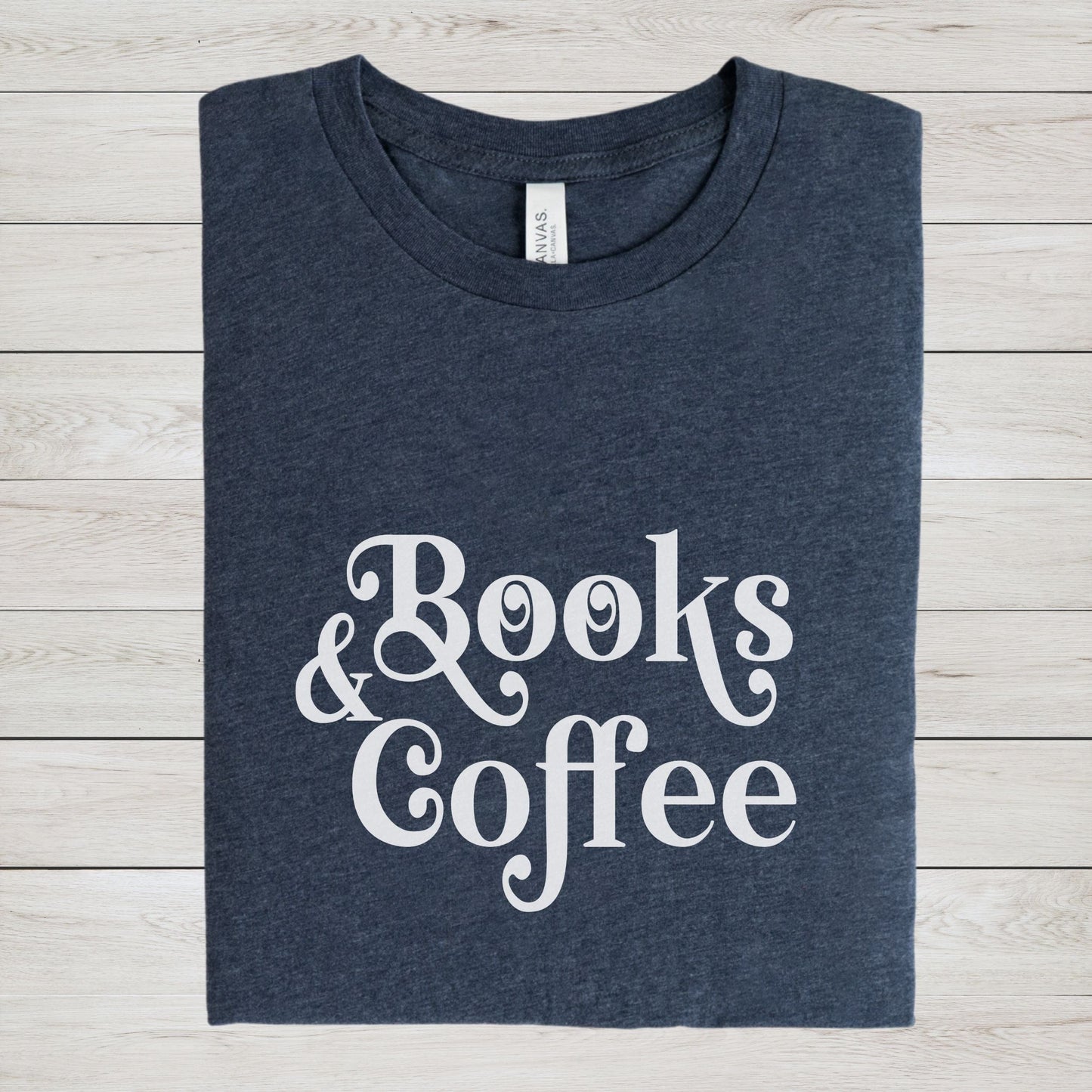 “Books & Coffee” t-shirt in bold minimalist lettering, perfect for readers and coffee lovers.