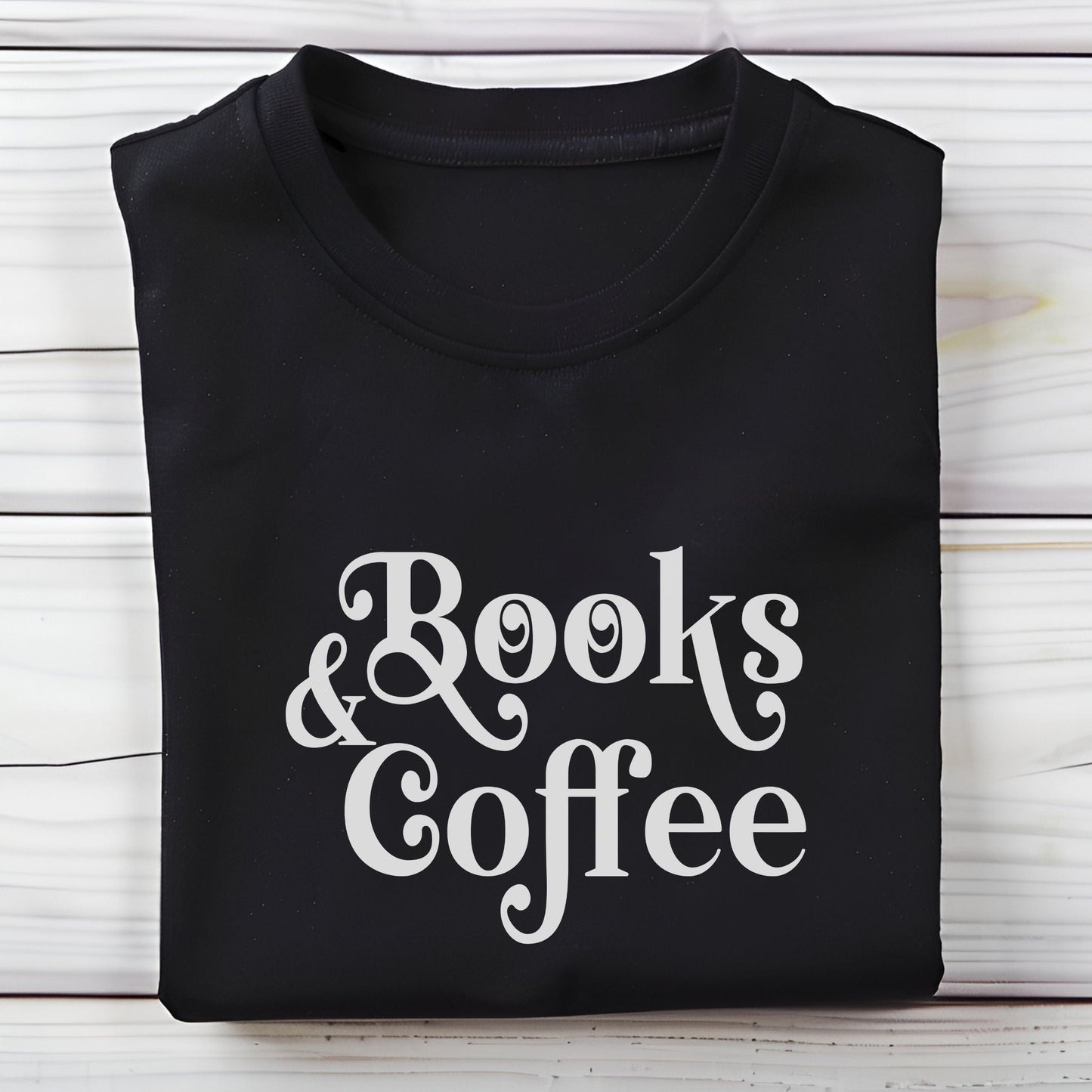 “Books & Coffee” t-shirt in bold minimalist lettering, perfect for readers and coffee lovers.