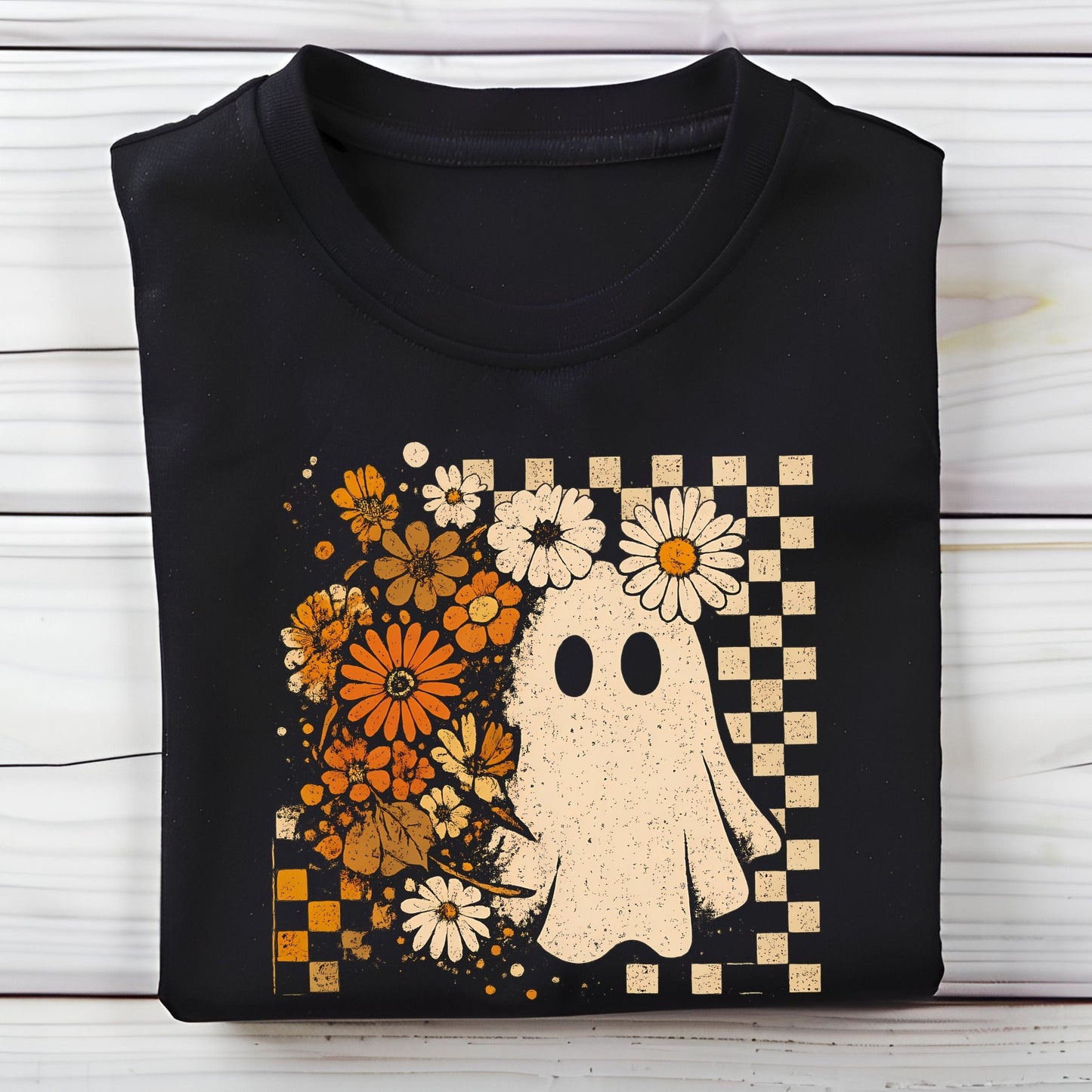 Vintage ghost and floral checkered t-shirt with retro Halloween and cottagecore vibes
