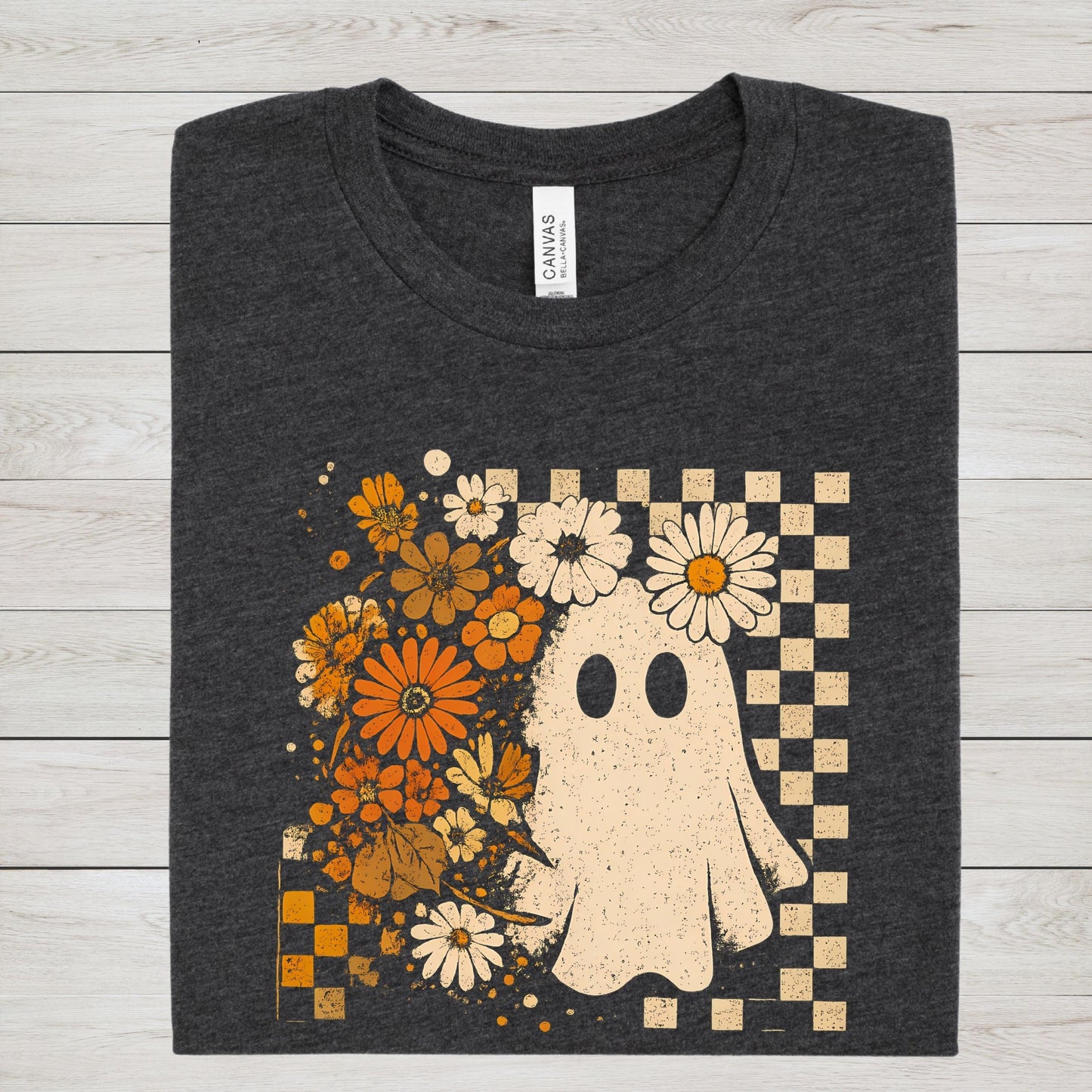 Vintage ghost and floral checkered t-shirt with retro Halloween and cottagecore vibes