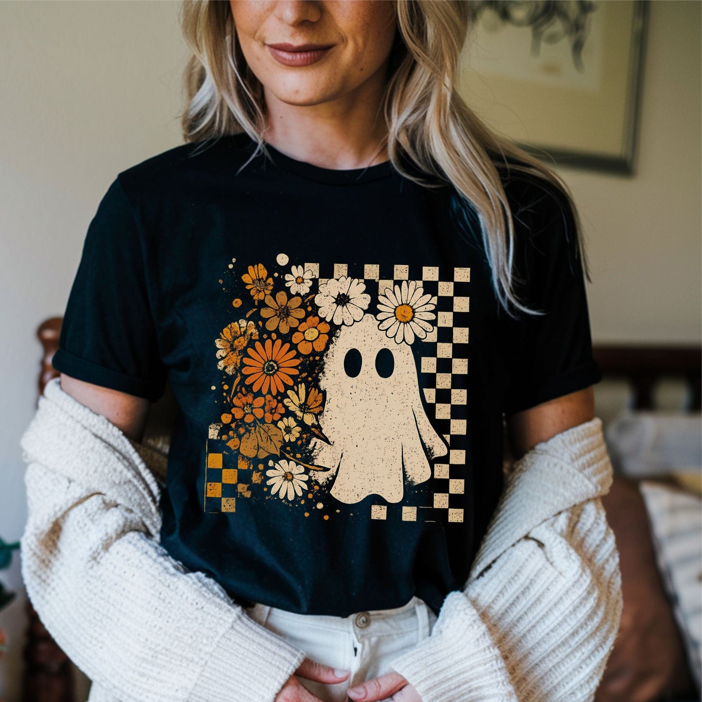 Vintage ghost and floral checkered t-shirt with retro Halloween and cottagecore vibes