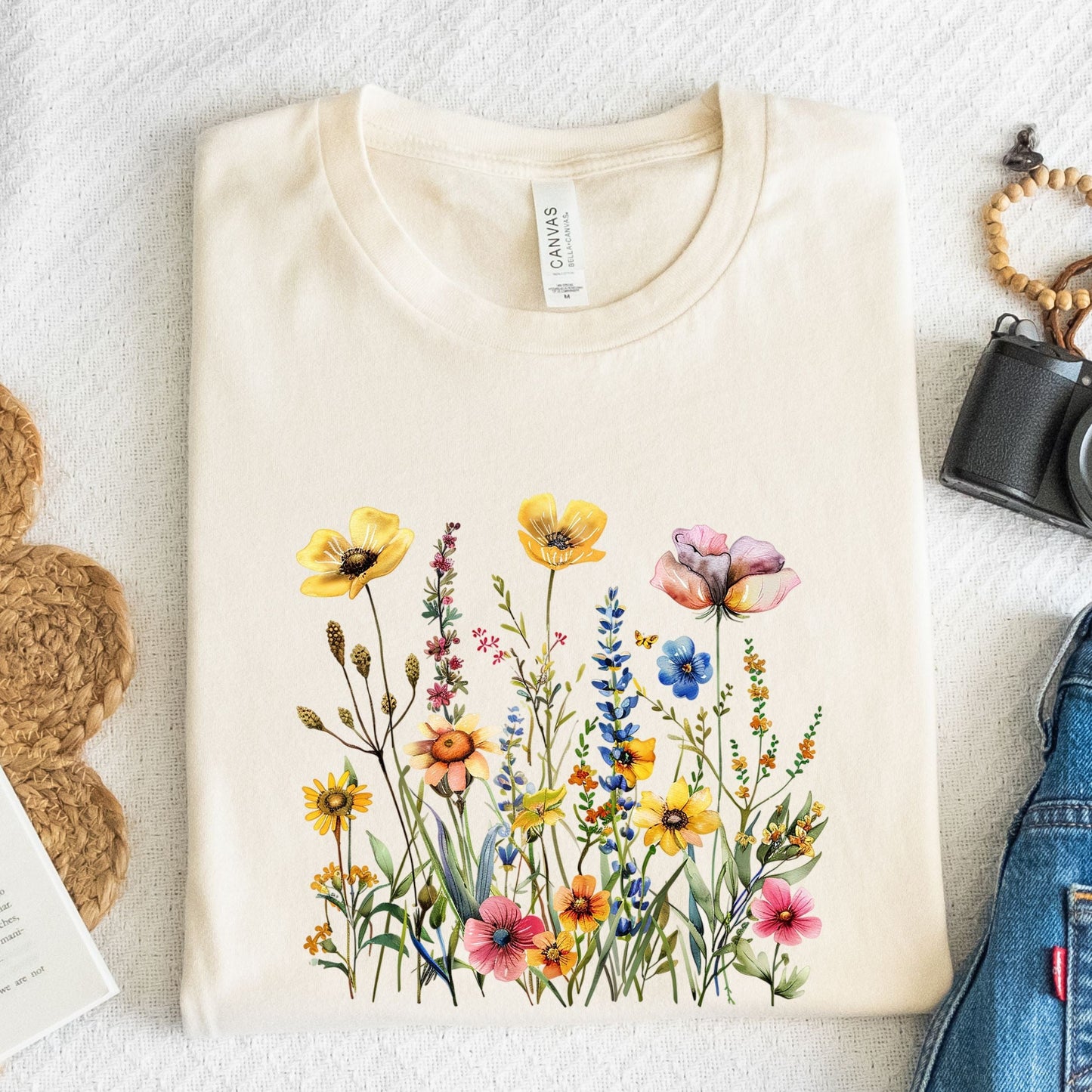 Vintage watercolor wildflowers on soft cotton unisex t-shirt