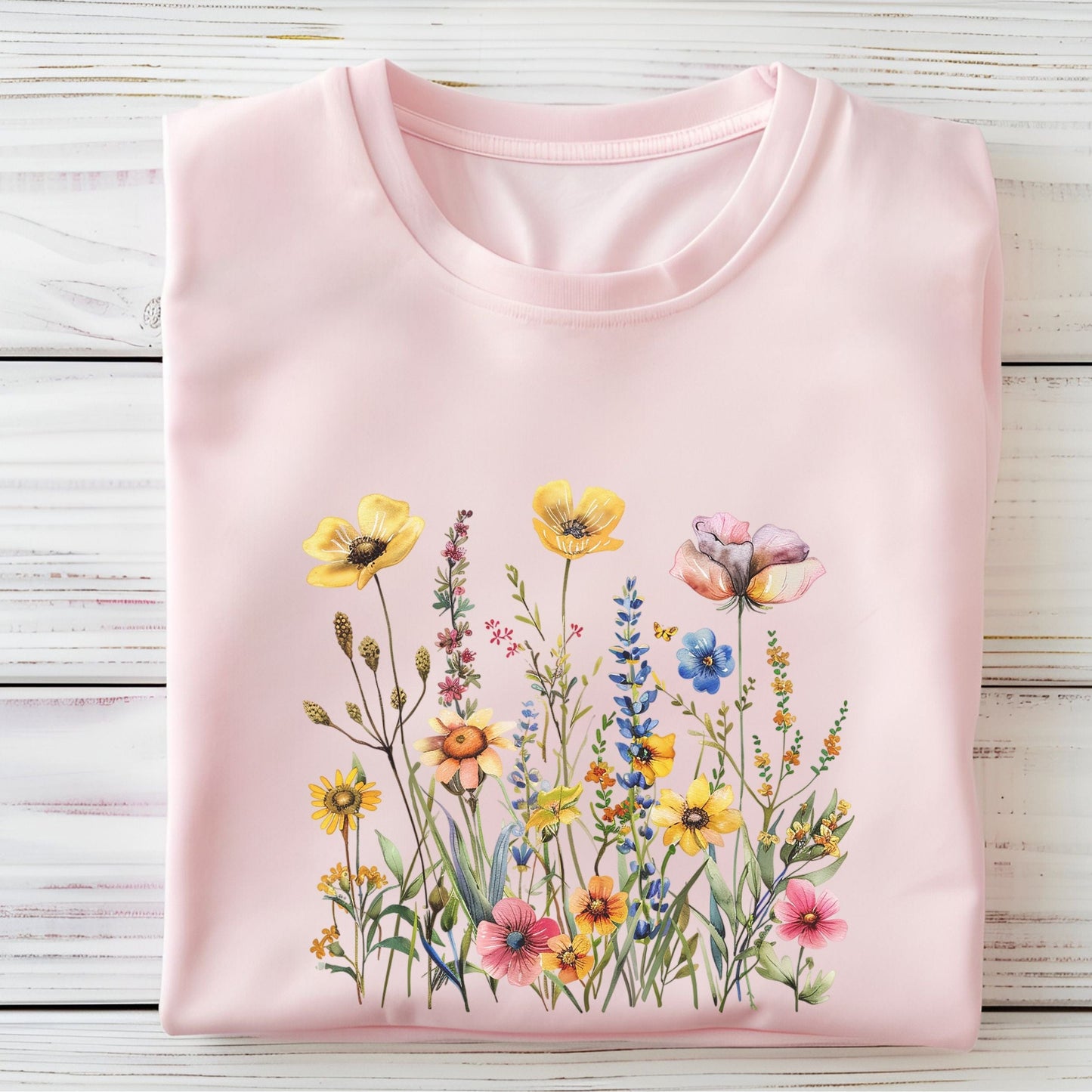 Vintage watercolor wildflowers on soft cotton unisex t-shirt