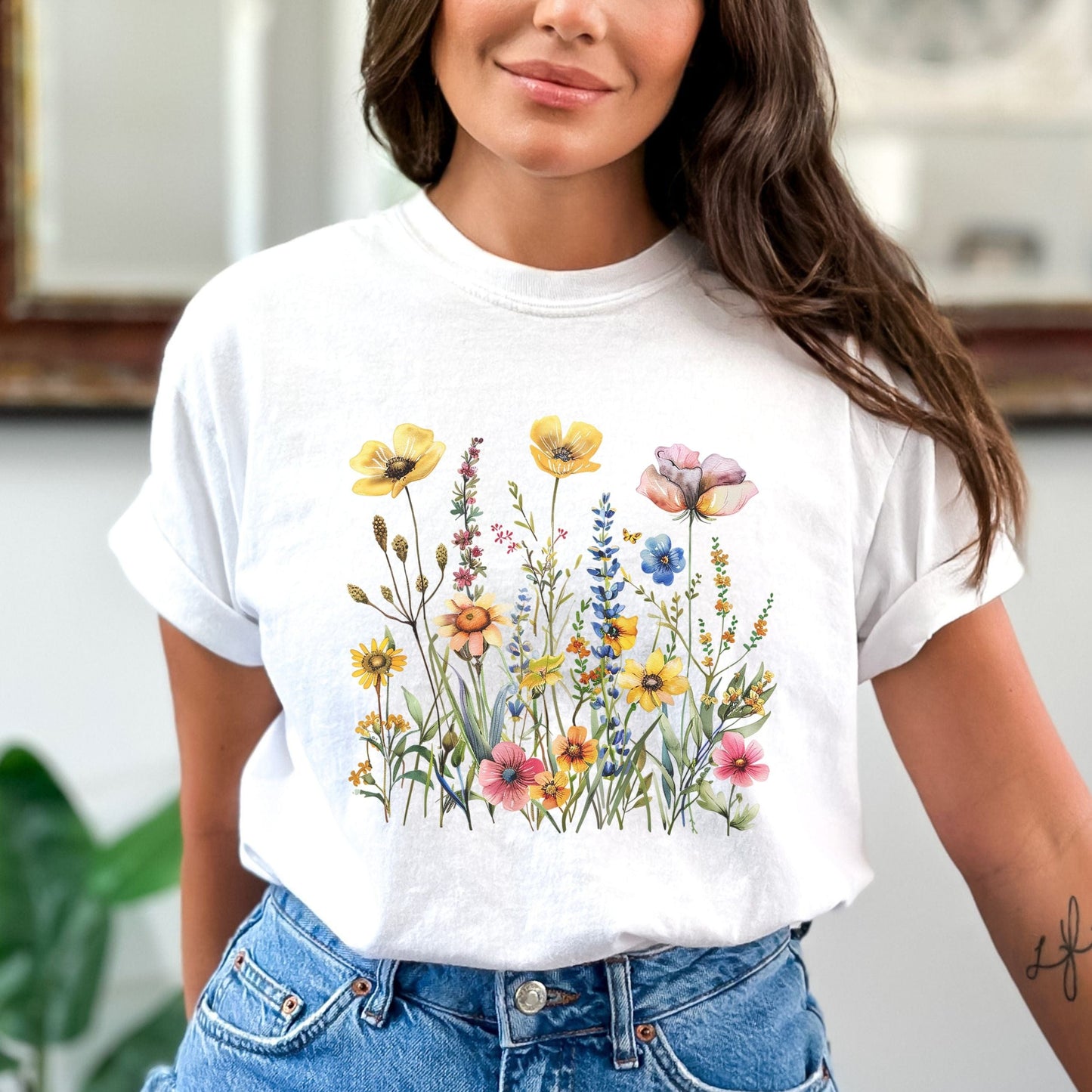 Vintage watercolor wildflowers on soft cotton unisex t-shirt