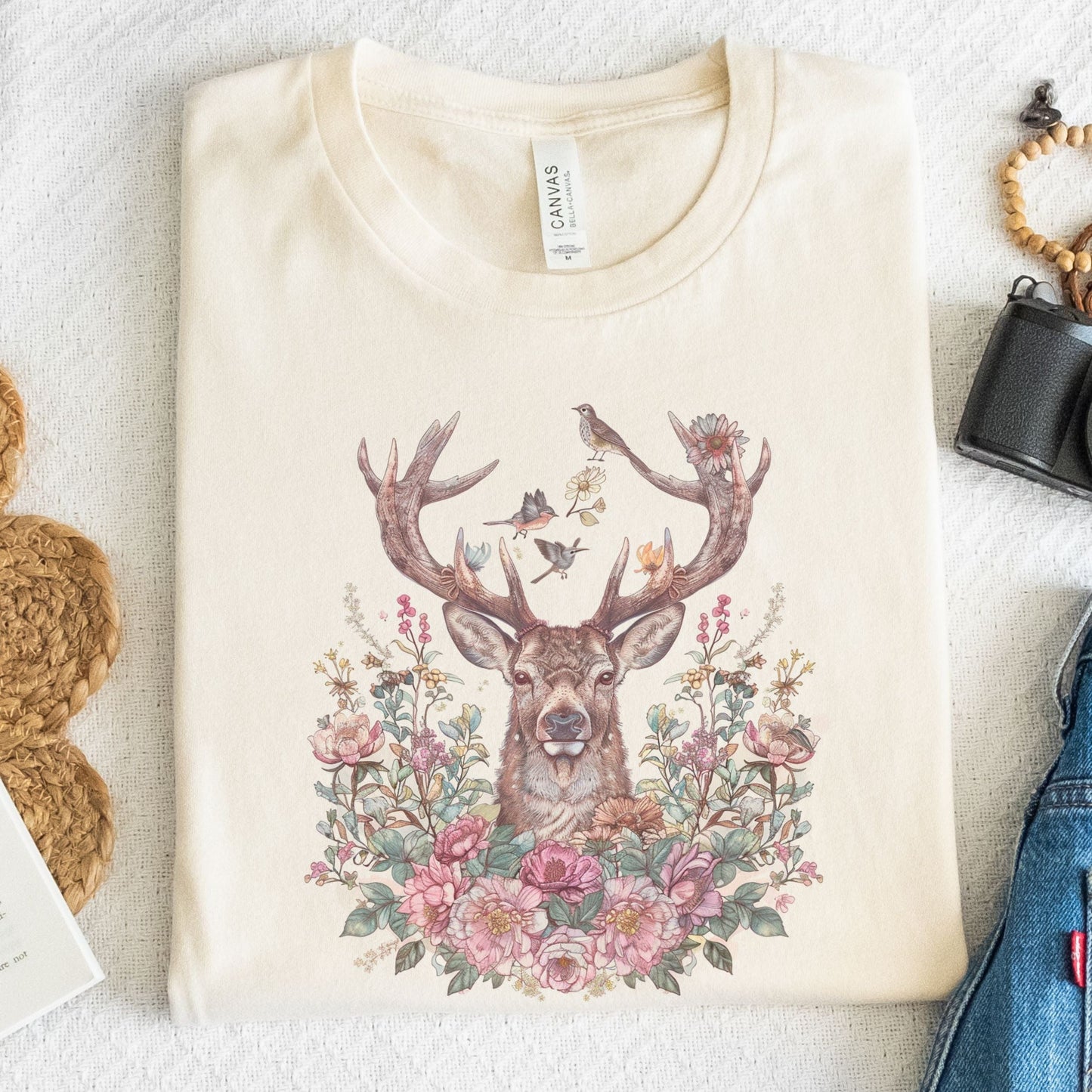 Cottagecore spring t-shirt with floral deer illustration and soft pastel flowers, perfect for nature lovers and woodland aesthetic outfits