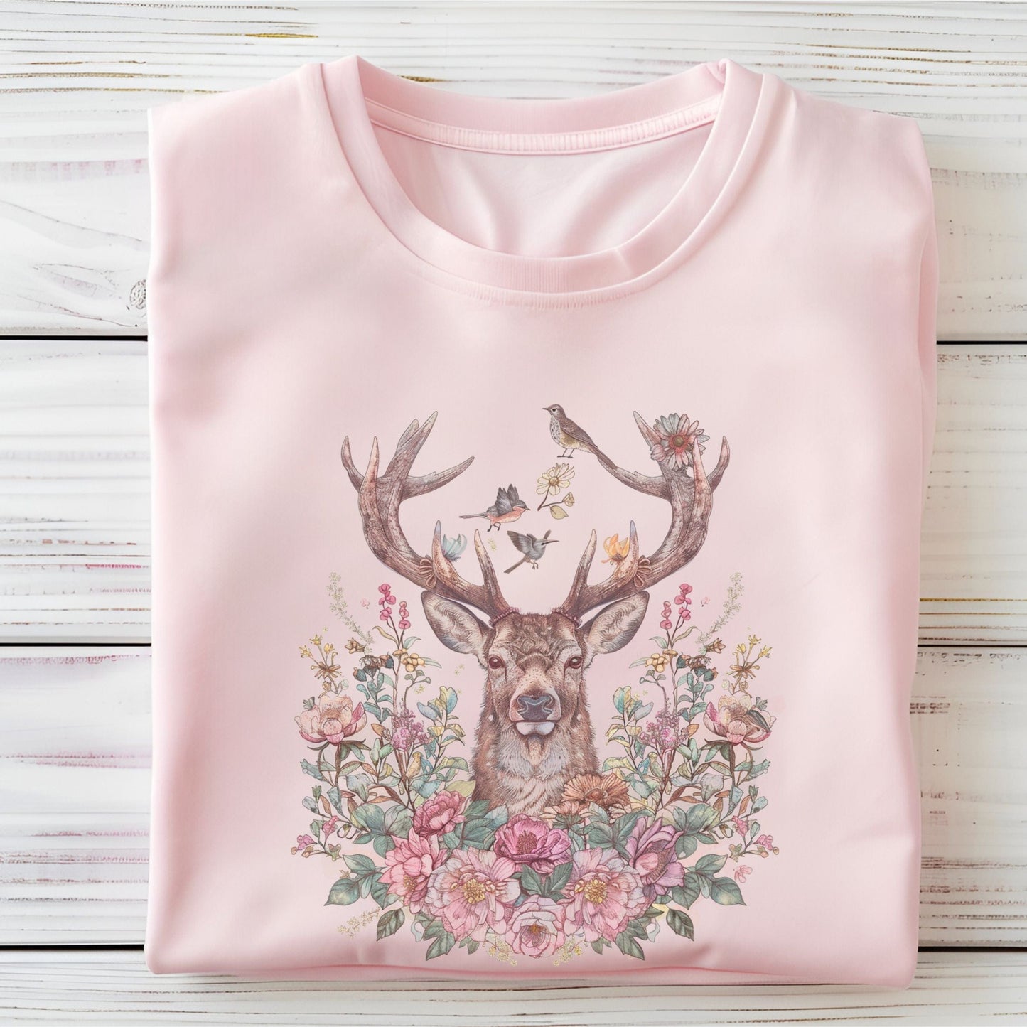 Cottagecore spring t-shirt with floral deer illustration and soft pastel flowers, perfect for nature lovers and woodland aesthetic outfits