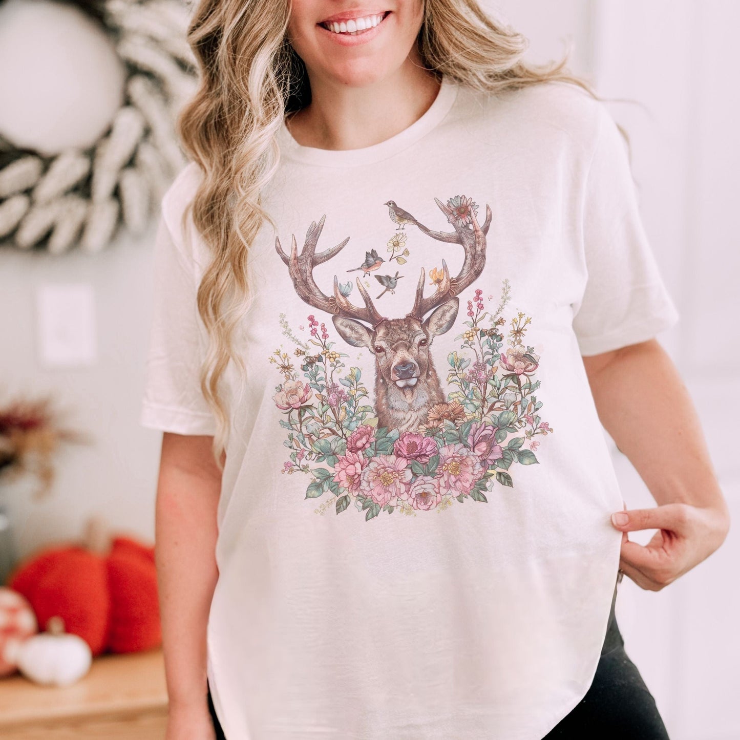 Cottagecore spring t-shirt with floral deer illustration and soft pastel flowers, perfect for nature lovers and woodland aesthetic outfits