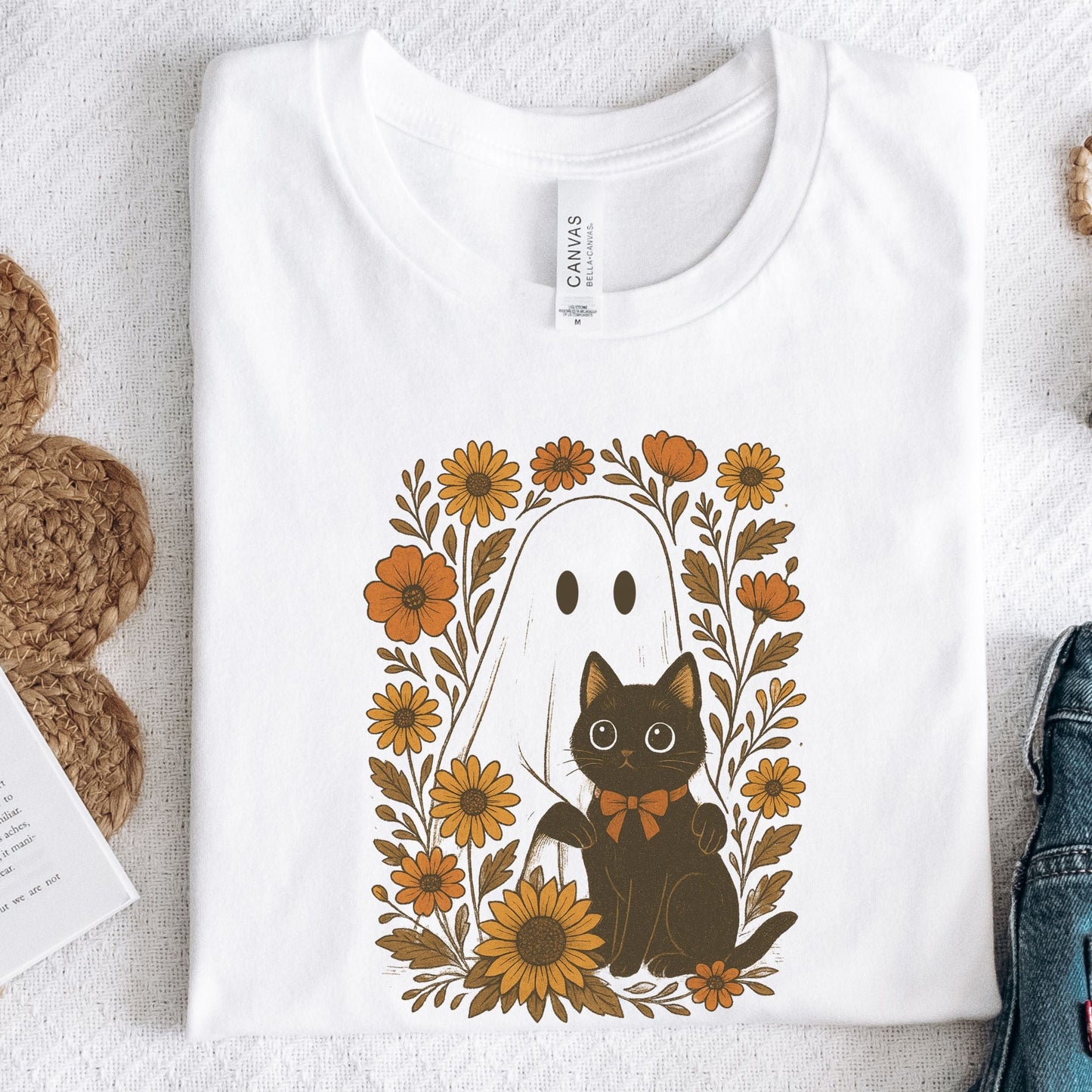 Vintage ghost and black cat t-shirt with sunflowers and fall floral design, autumn aesthetic Halloween shirt