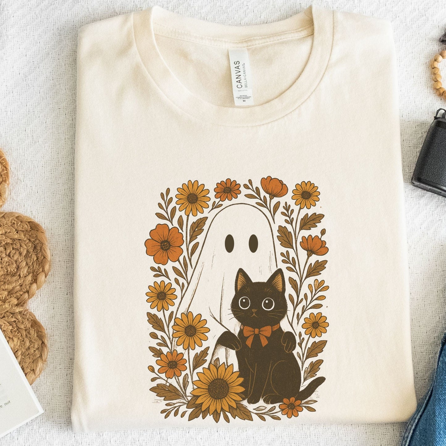 Vintage ghost and black cat t-shirt with sunflowers and fall floral design, autumn aesthetic Halloween shirt