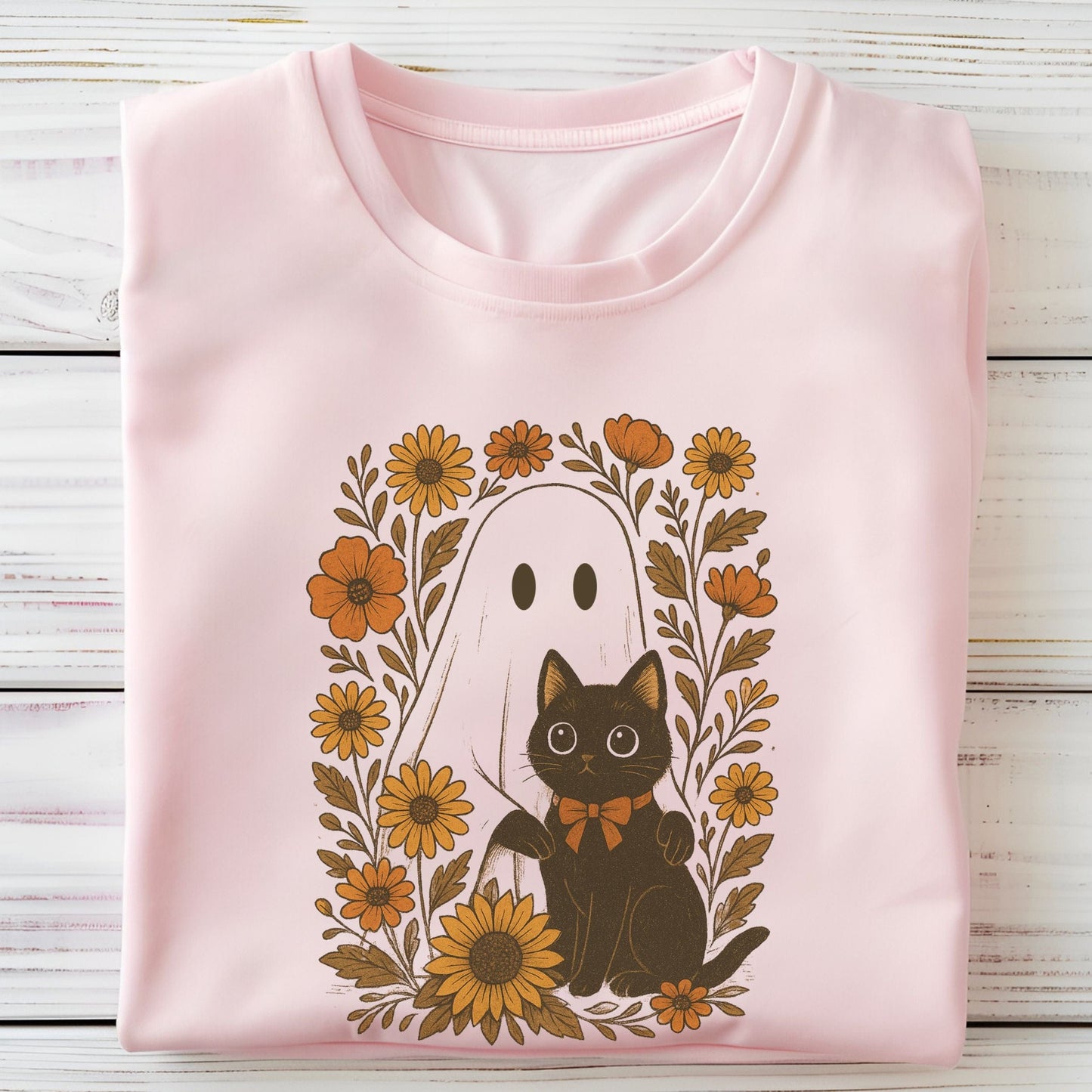 Vintage ghost and black cat t-shirt with sunflowers and fall floral design, autumn aesthetic Halloween shirt