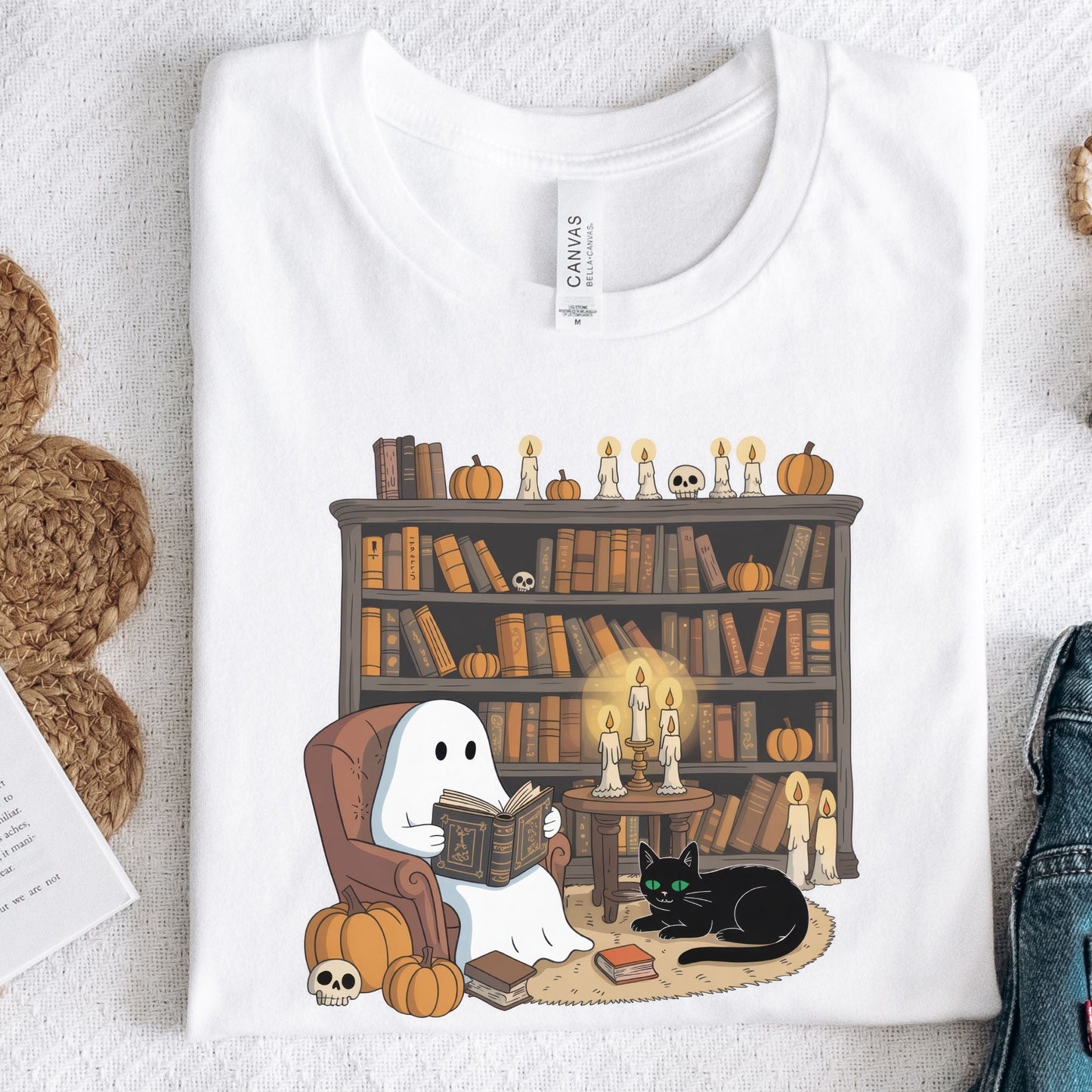 Cute ghost reading a book in a cozy library with pumpkins, candles, and a black cat for Halloween.