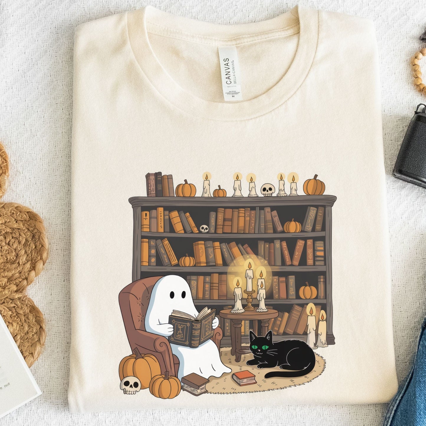 Cute ghost reading a book in a cozy library with pumpkins, candles, and a black cat for Halloween.