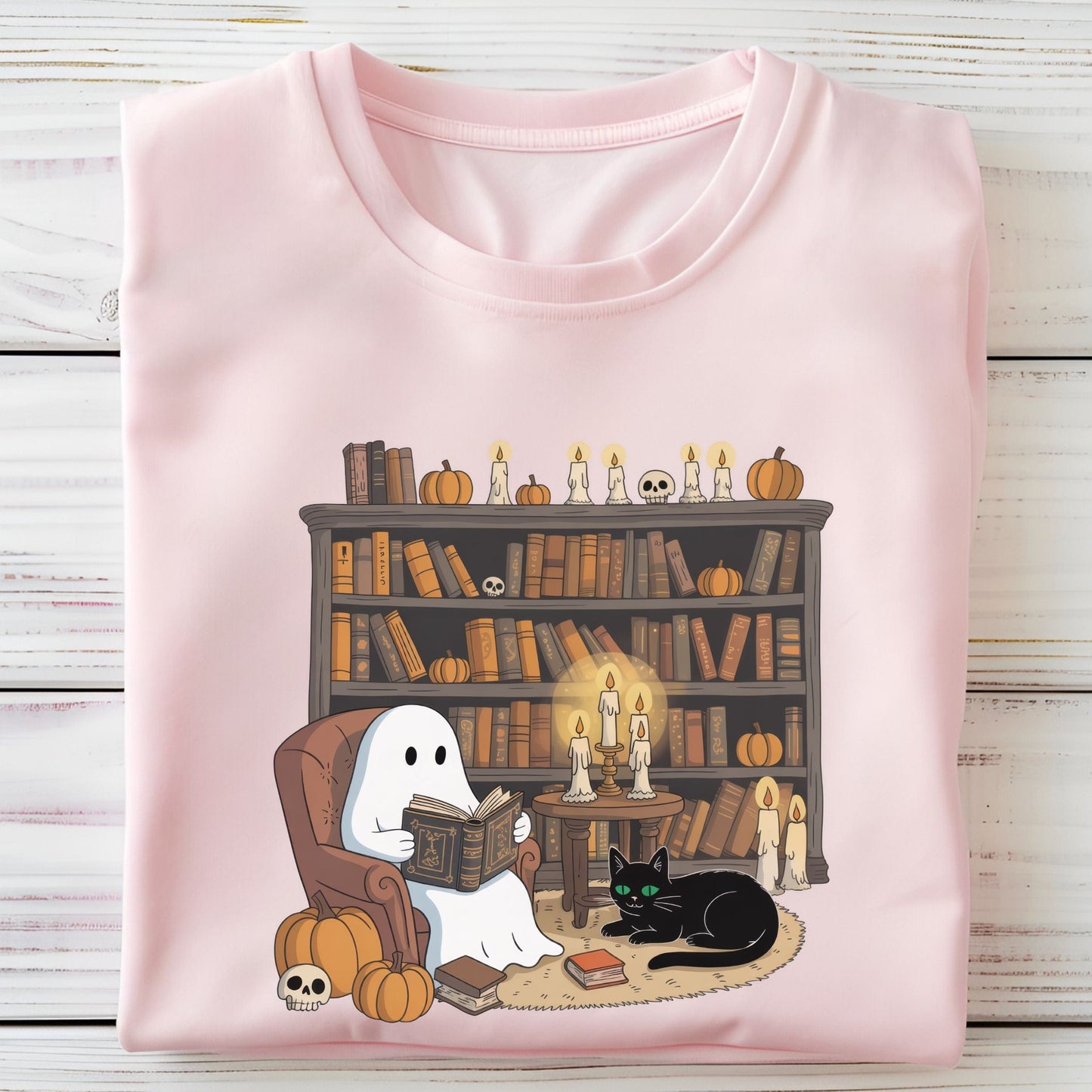 Cute ghost reading a book in a cozy library with pumpkins, candles, and a black cat for Halloween.