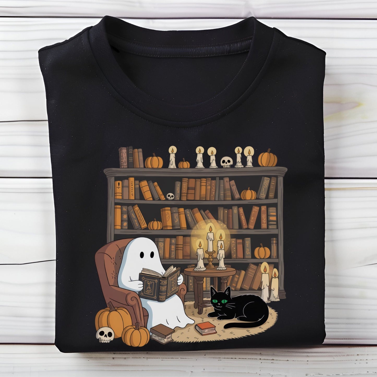 Cute ghost reading a book in a cozy library with pumpkins, candles, and a black cat for Halloween.