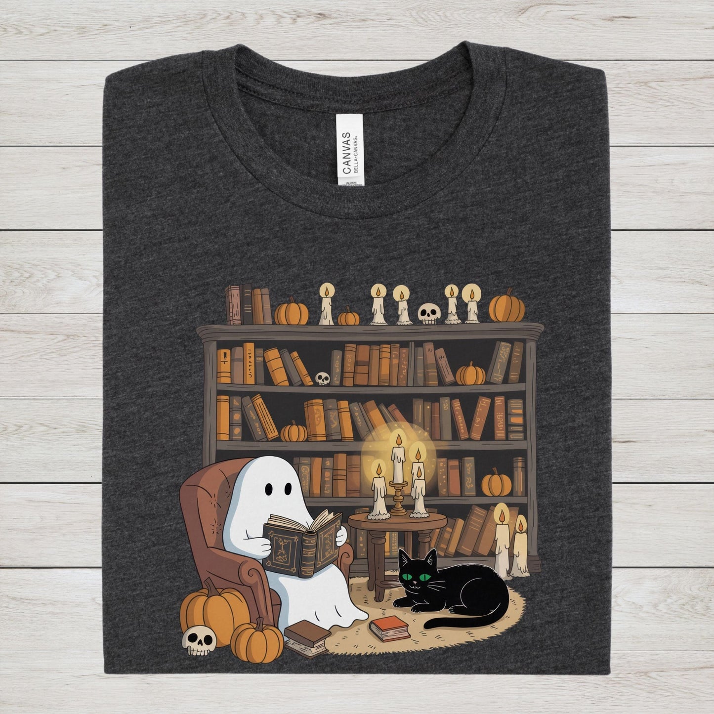 Cute ghost reading a book in a cozy library with pumpkins, candles, and a black cat for Halloween.