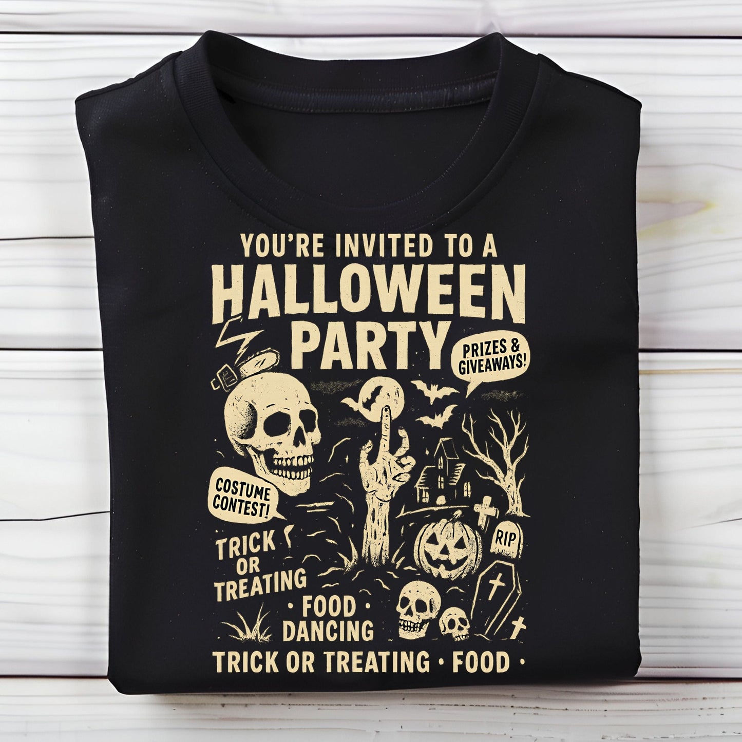 Retro Halloween party skeleton graphic tee with spooky cartoon skulls, tombstones, and vintage lettering