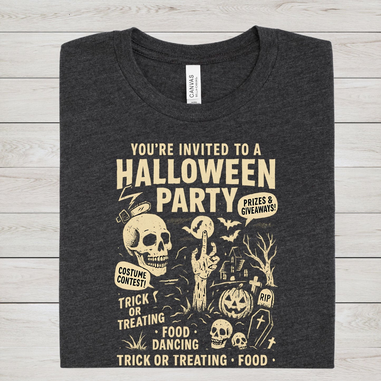 Retro Halloween party skeleton graphic tee with spooky cartoon skulls, tombstones, and vintage lettering