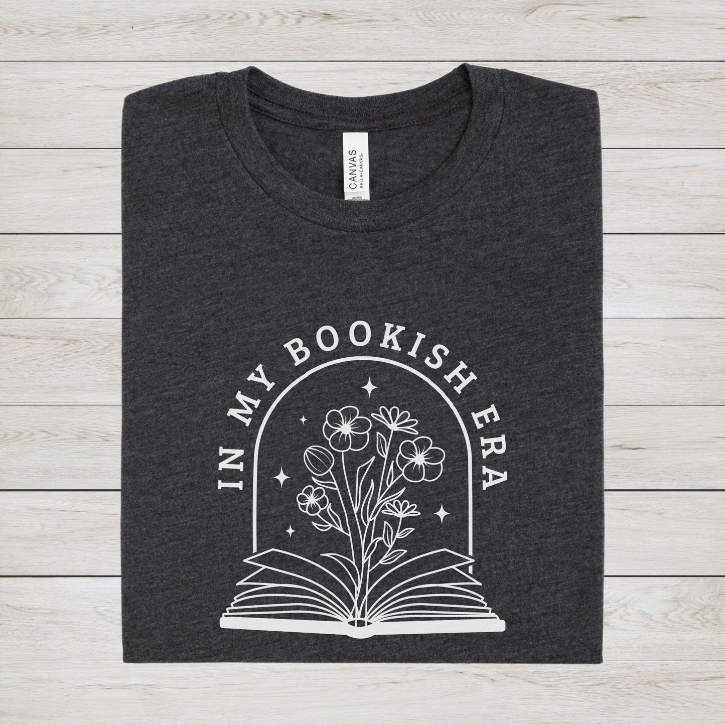 Minimalist “In My Bookish Era” t-shirt in modern serif font, perfect for cozy readers and everyday book lovers.