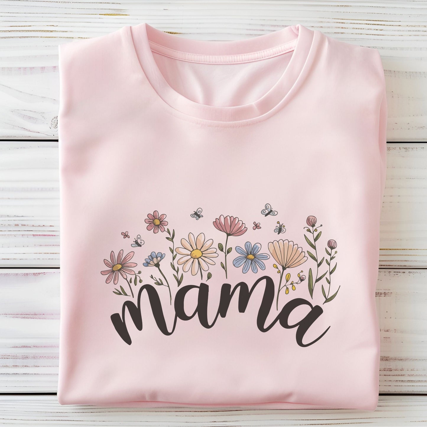 Boho floral design with the word "Mama" in elegant script, featured on a unisex t-shirt