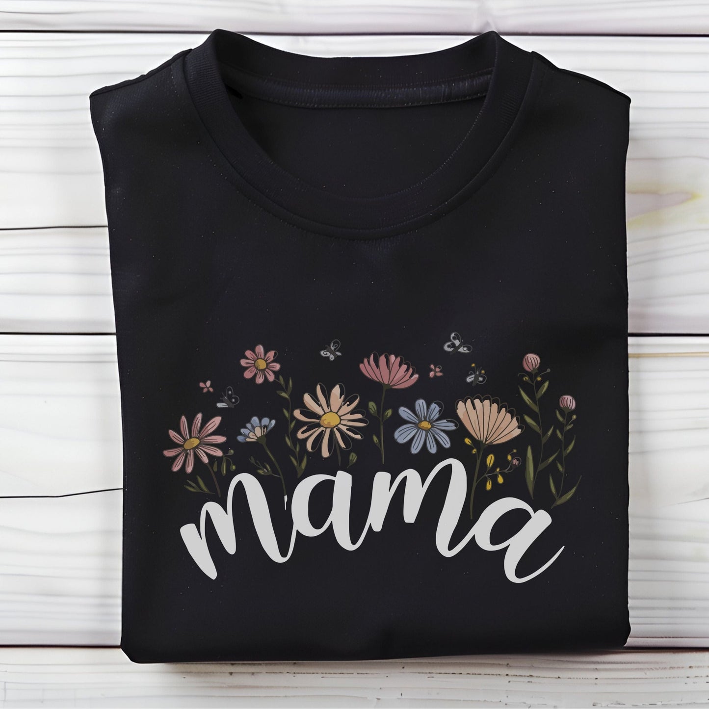 Boho floral design with the word "Mama" in elegant script, featured on a unisex t-shirt