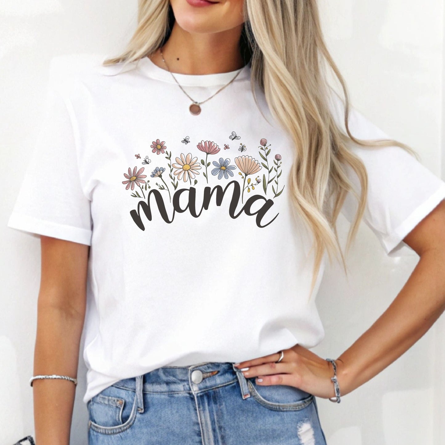 Boho floral design with the word "Mama" in elegant script, featured on a unisex t-shirt