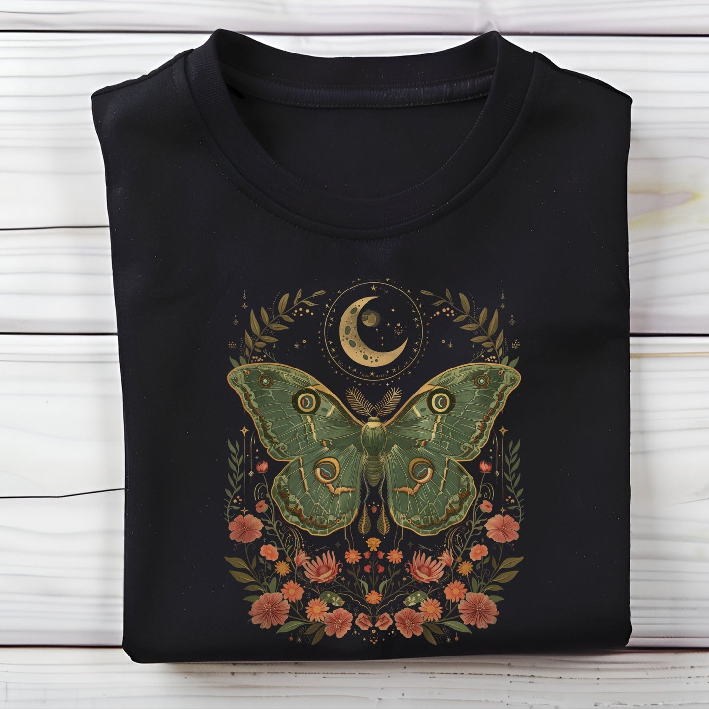 T-shirt design featuring a green luna moth with moon and stars above, surrounded by whimsical flowers and botanical elements in a cottagecore style