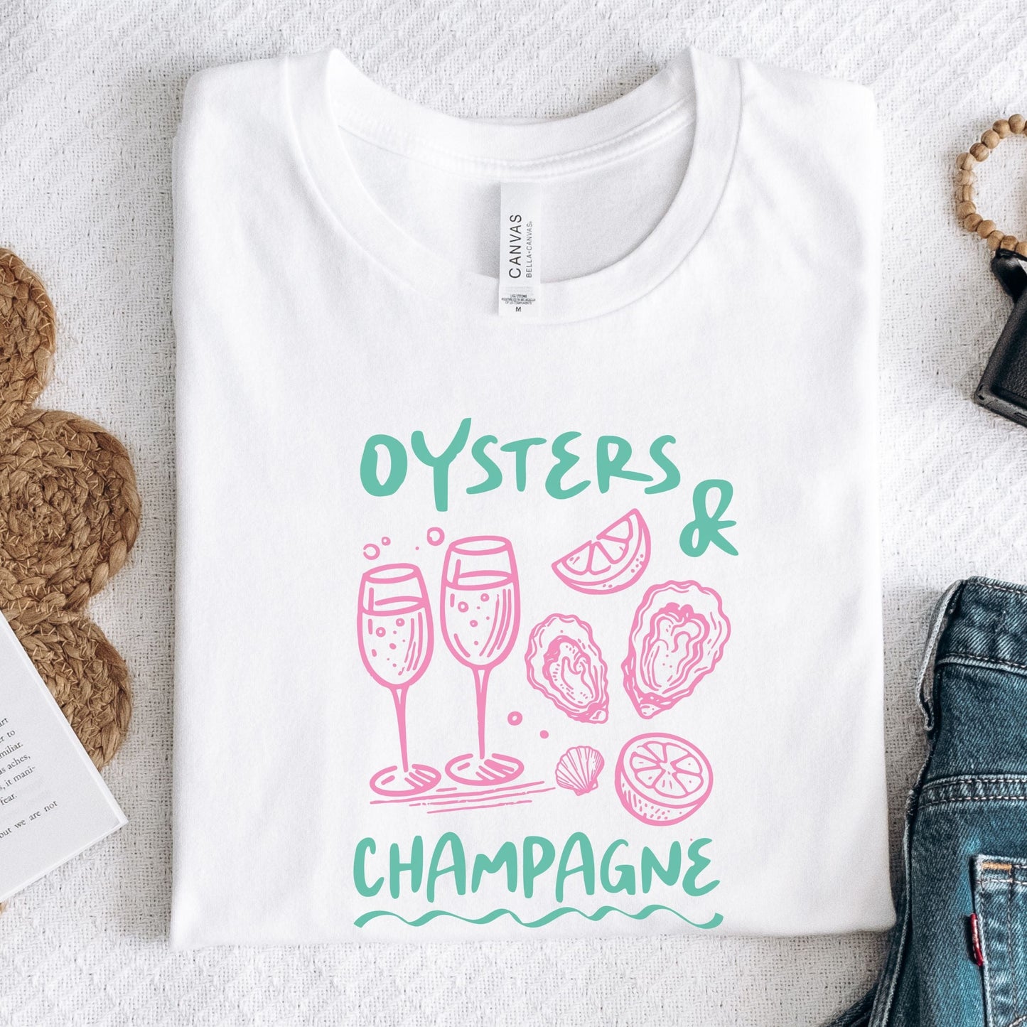 Oysters and champagne summer t-shirt with coastal brunch aesthetic design