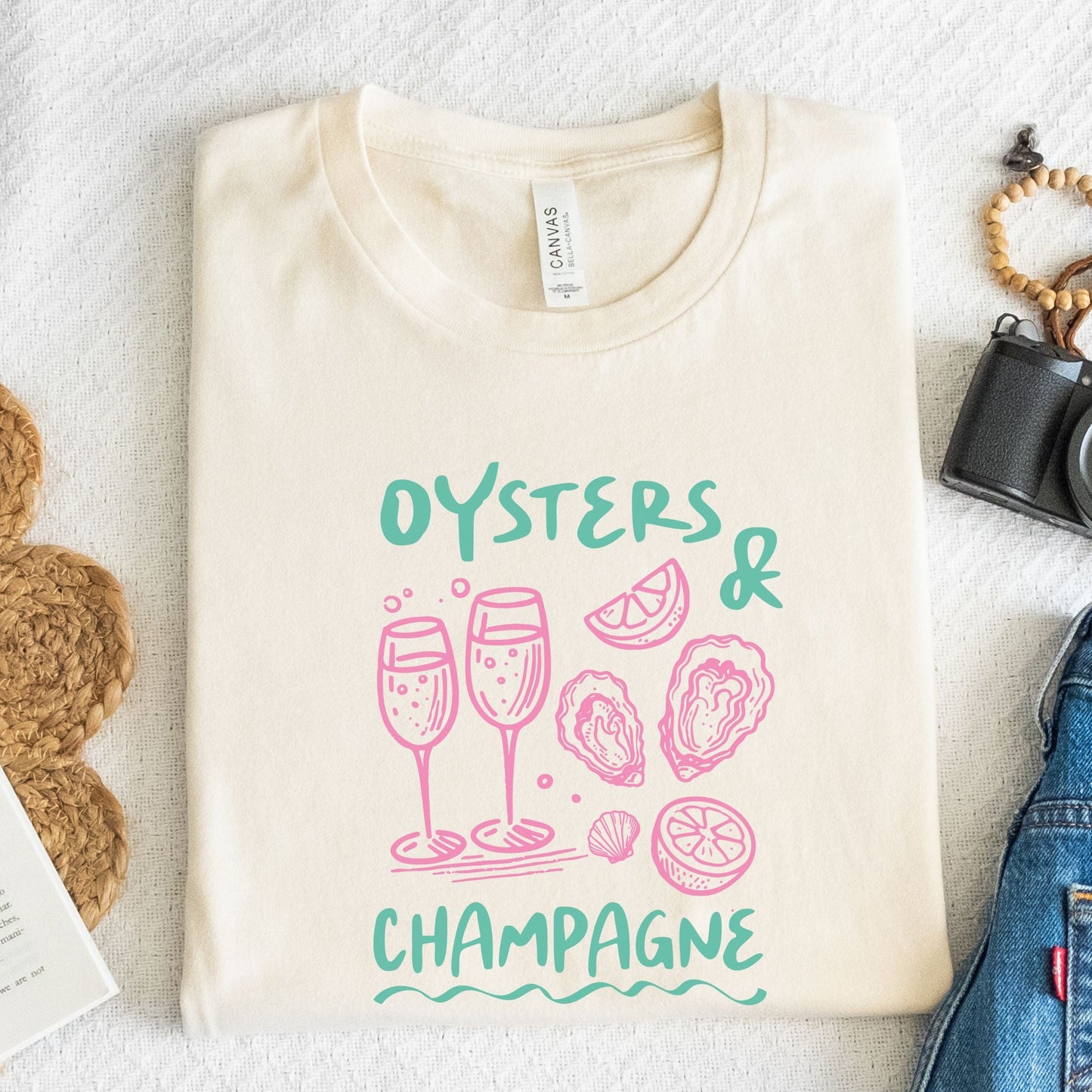Oysters and champagne summer t-shirt with coastal brunch aesthetic design