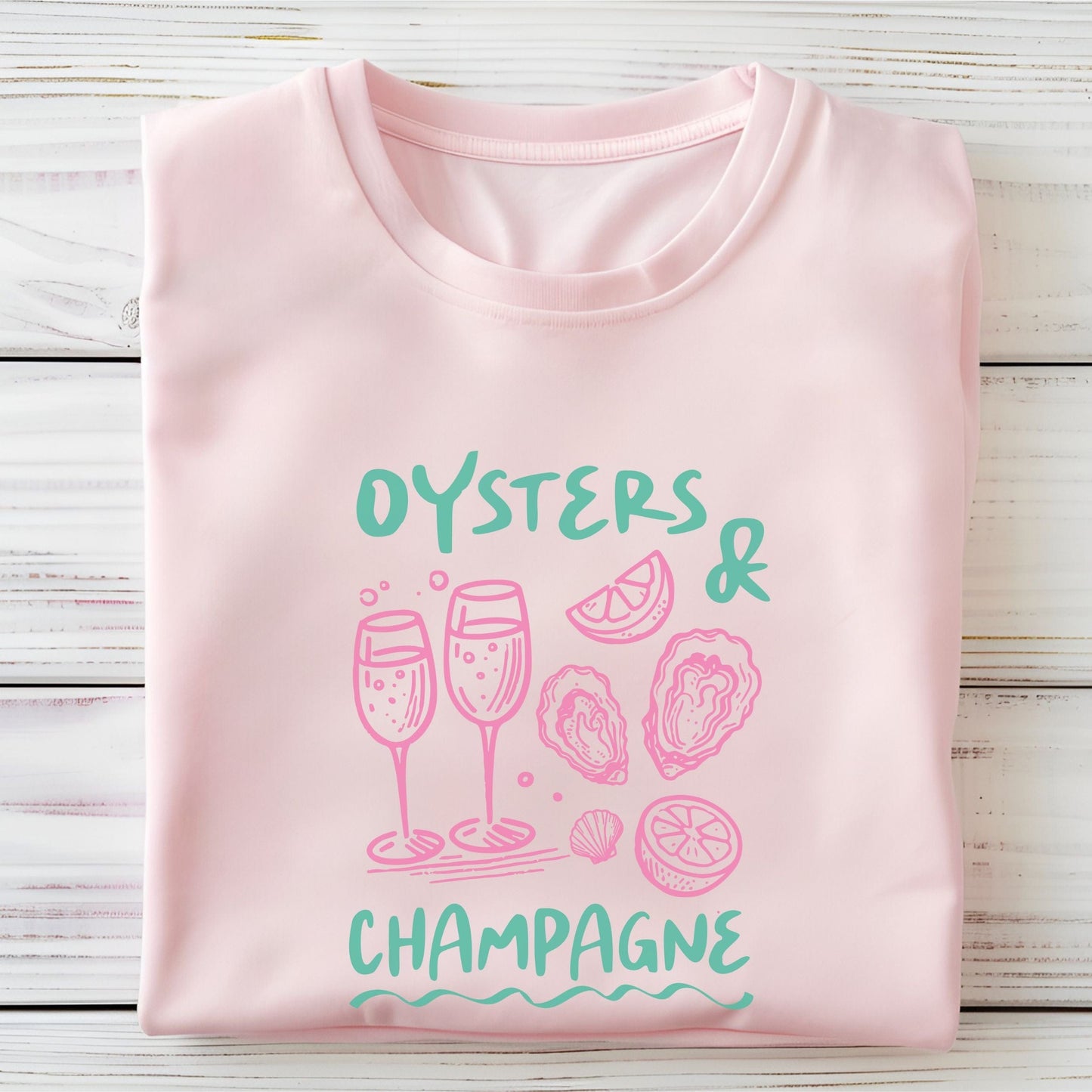 Oysters and champagne summer t-shirt with coastal brunch aesthetic design