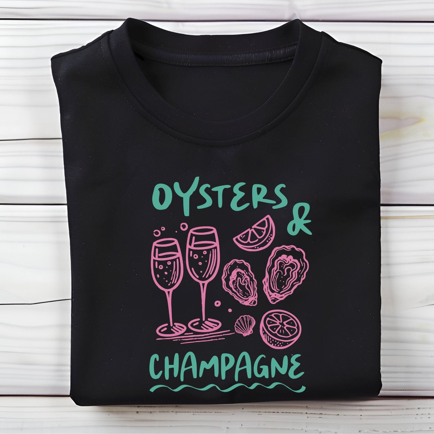 Oysters and champagne summer t-shirt with coastal brunch aesthetic design