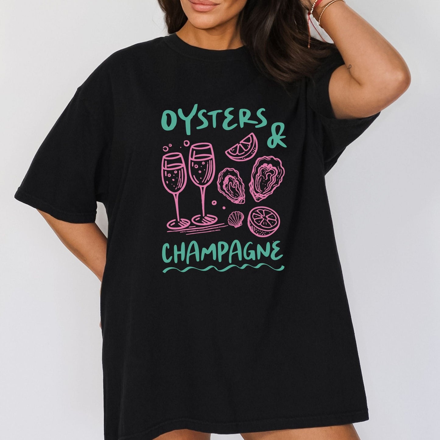 Oysters and champagne summer t-shirt with coastal brunch aesthetic design