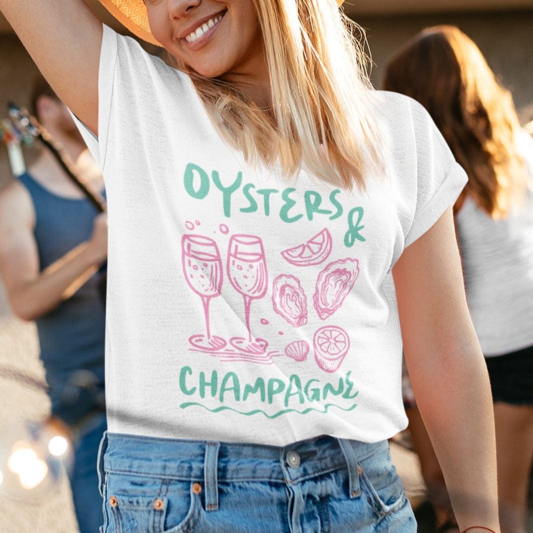 Oysters and champagne summer t-shirt with coastal brunch aesthetic design