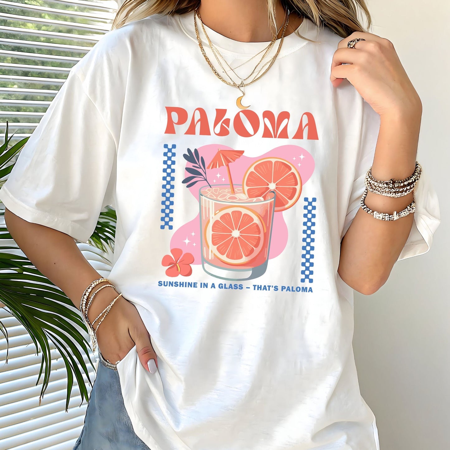 Paloma cocktail t-shirt with grapefruit drink design and retro summer vibes