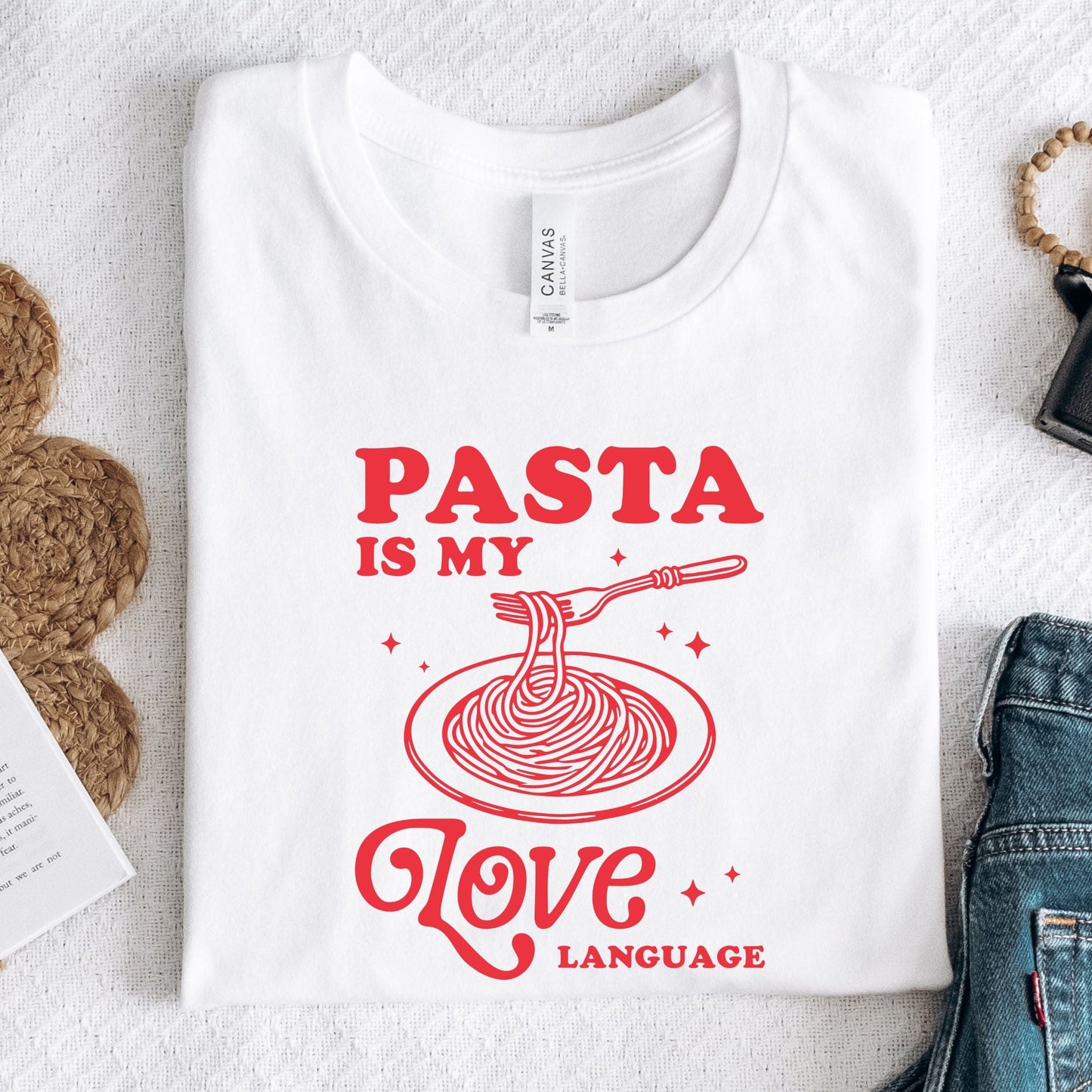Red "Pasta Is My Love Language" graphic on a comfy t-shirt with a spaghetti illustration, perfect for foodies and pasta lovers