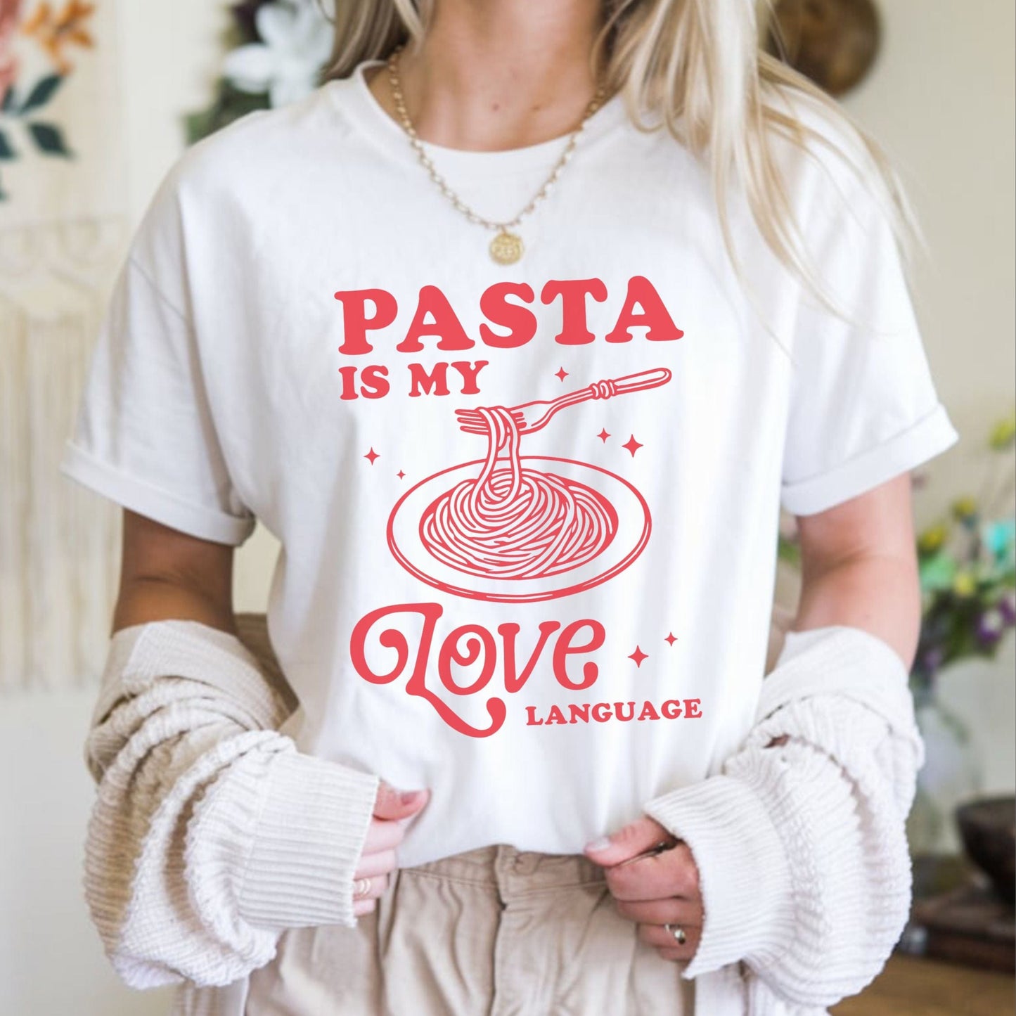 Red "Pasta Is My Love Language" graphic on a comfy t-shirt with a spaghetti illustration, perfect for foodies and pasta lovers
