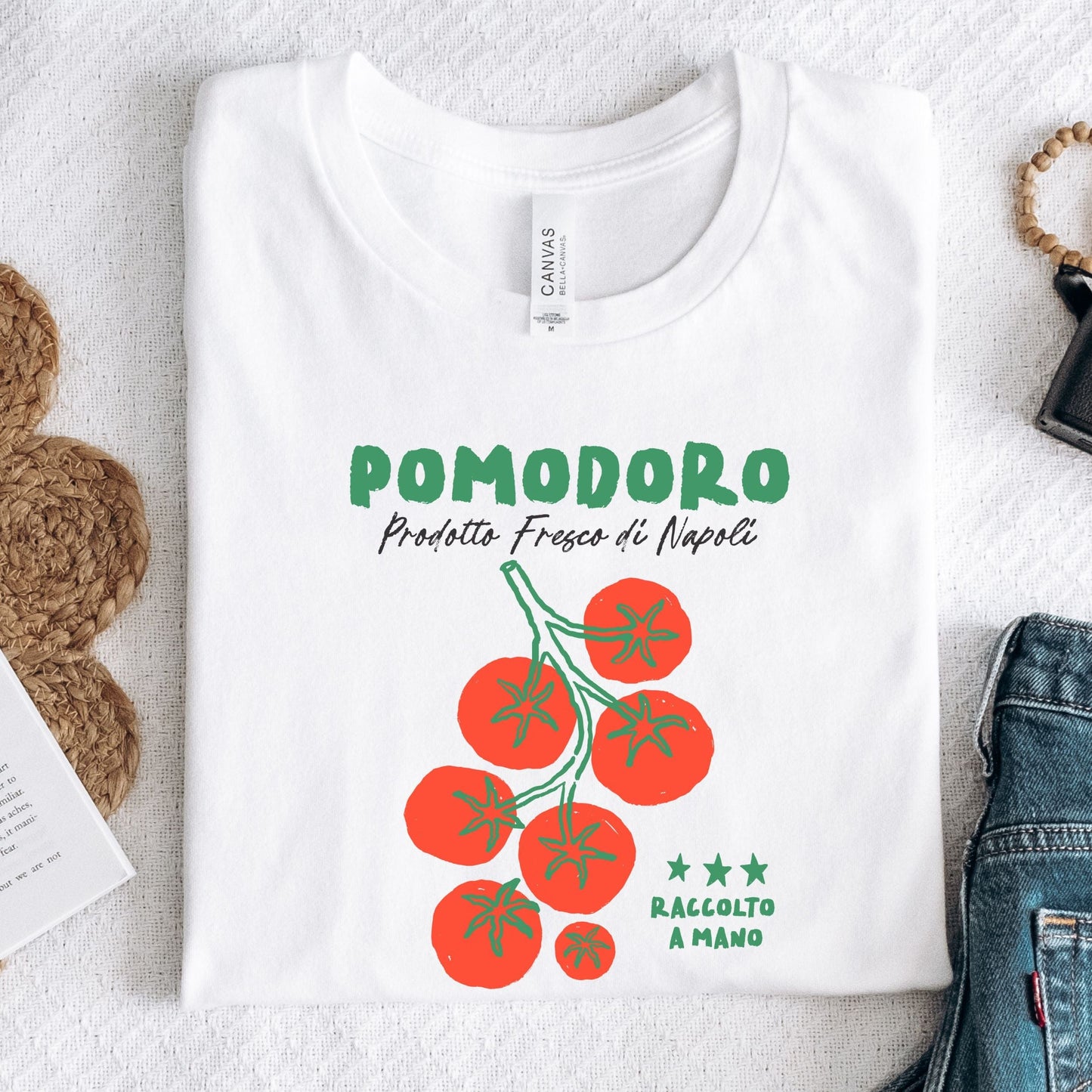 Vintage-style tomato graphic t-shirt with Italian wording and cozy summer vibe in white