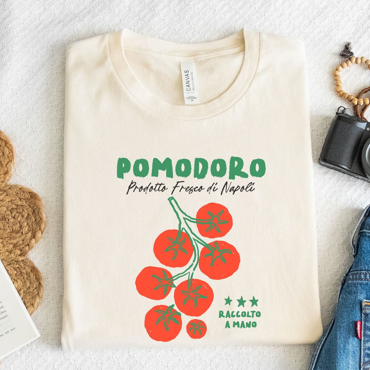 Vintage-style tomato graphic t-shirt with Italian wording and cozy summer vibe in natural