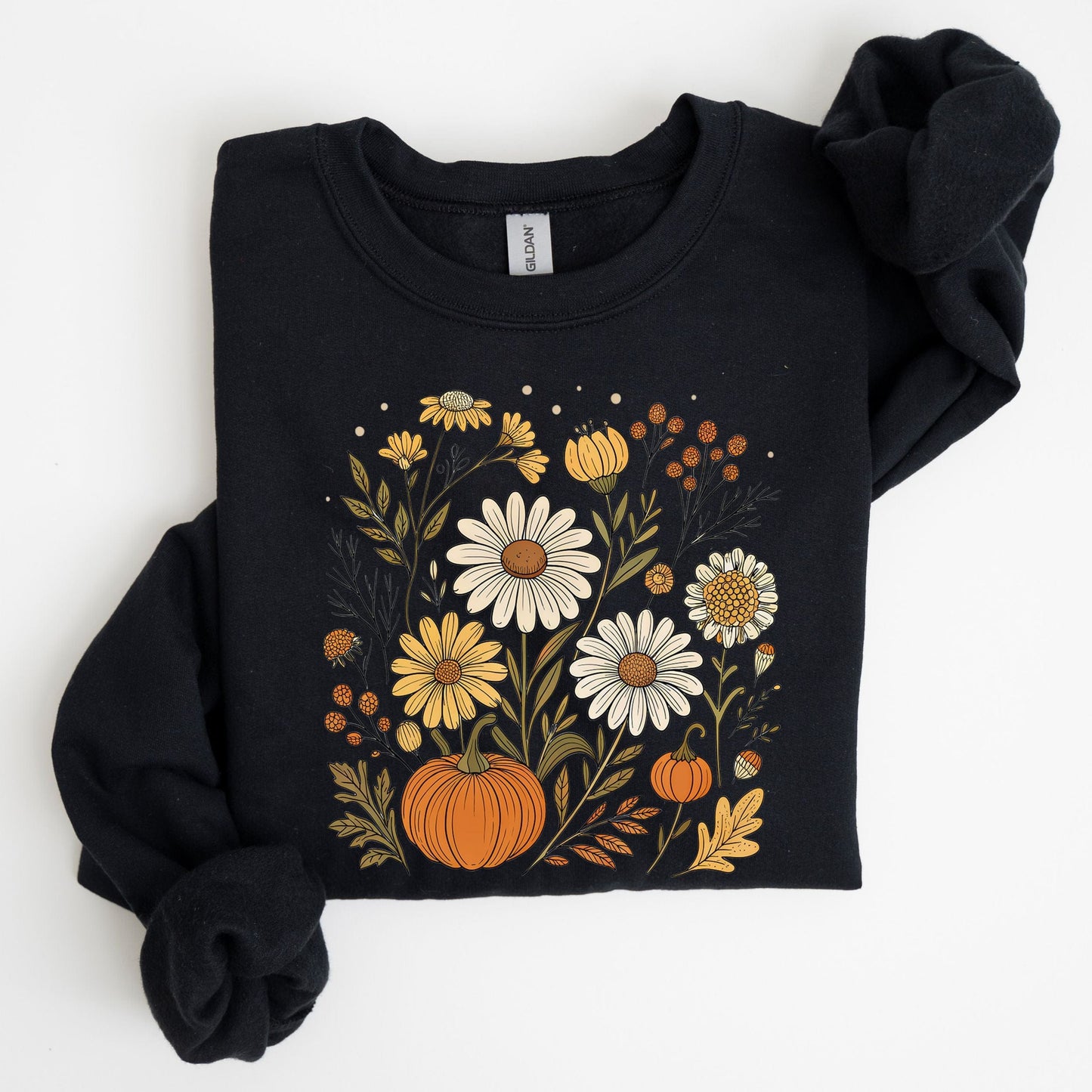 Pumpkin and wildflower fall sweatshirt in neutral tones, cozy autumn cottagecore style