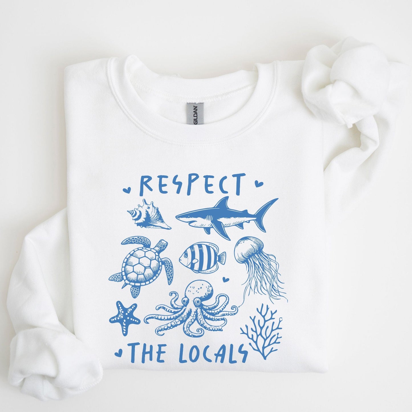 Respect the Locals sweatshirt with sea creatures in blue line art for ocean lovers
